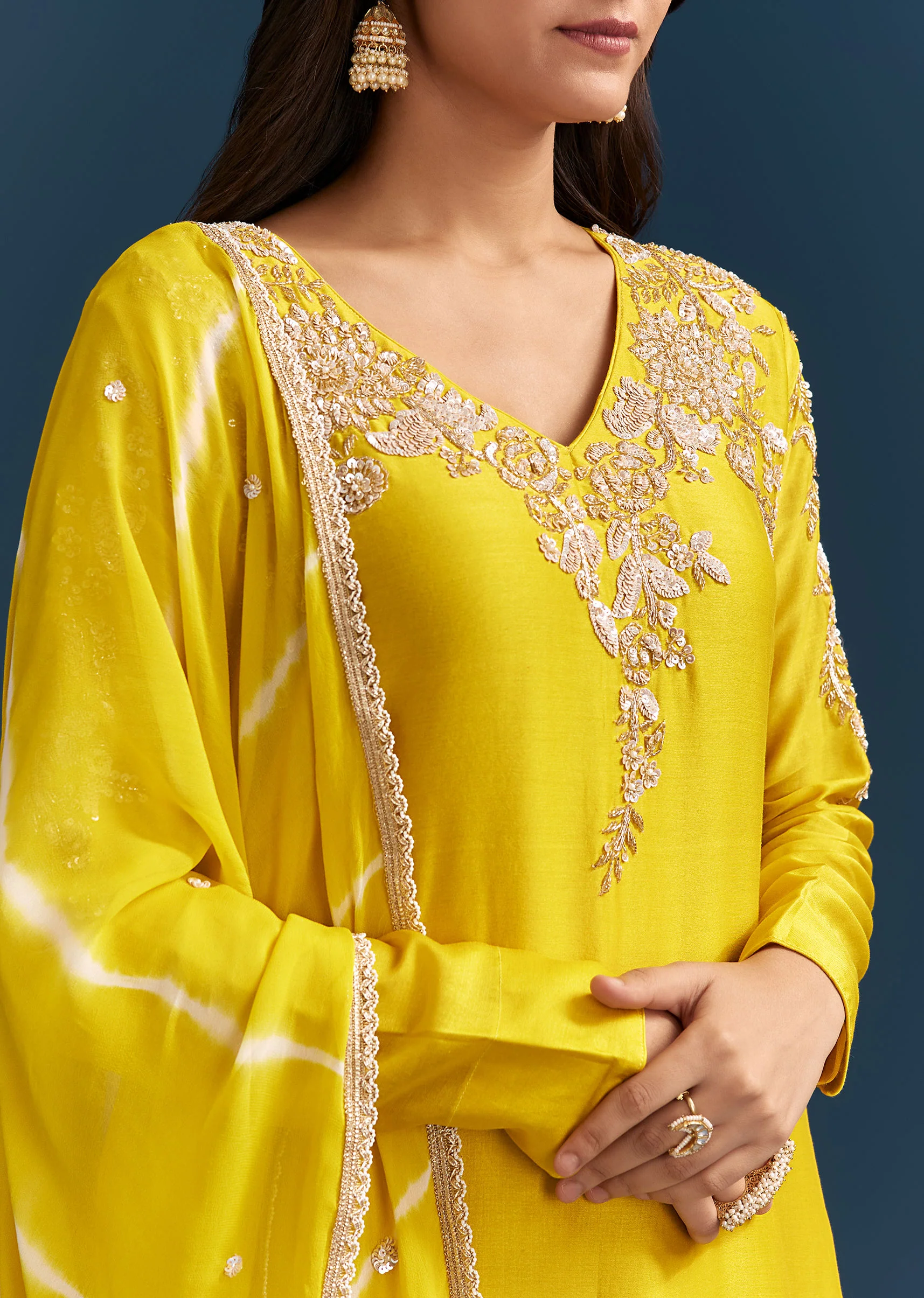 Yellow Georgette Kurta Skirt Set With Sequins Work And Dupatta - Image 2