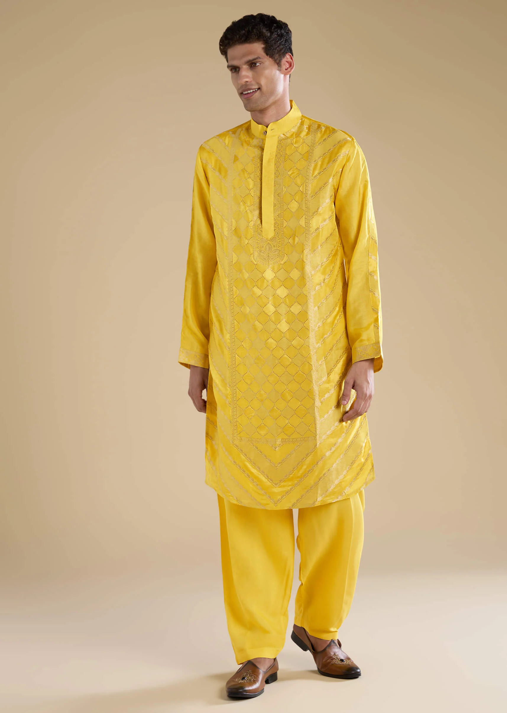 Yellow Handwoven Jacquard Silk Mens Straight Kurta Pant Set - Image 4