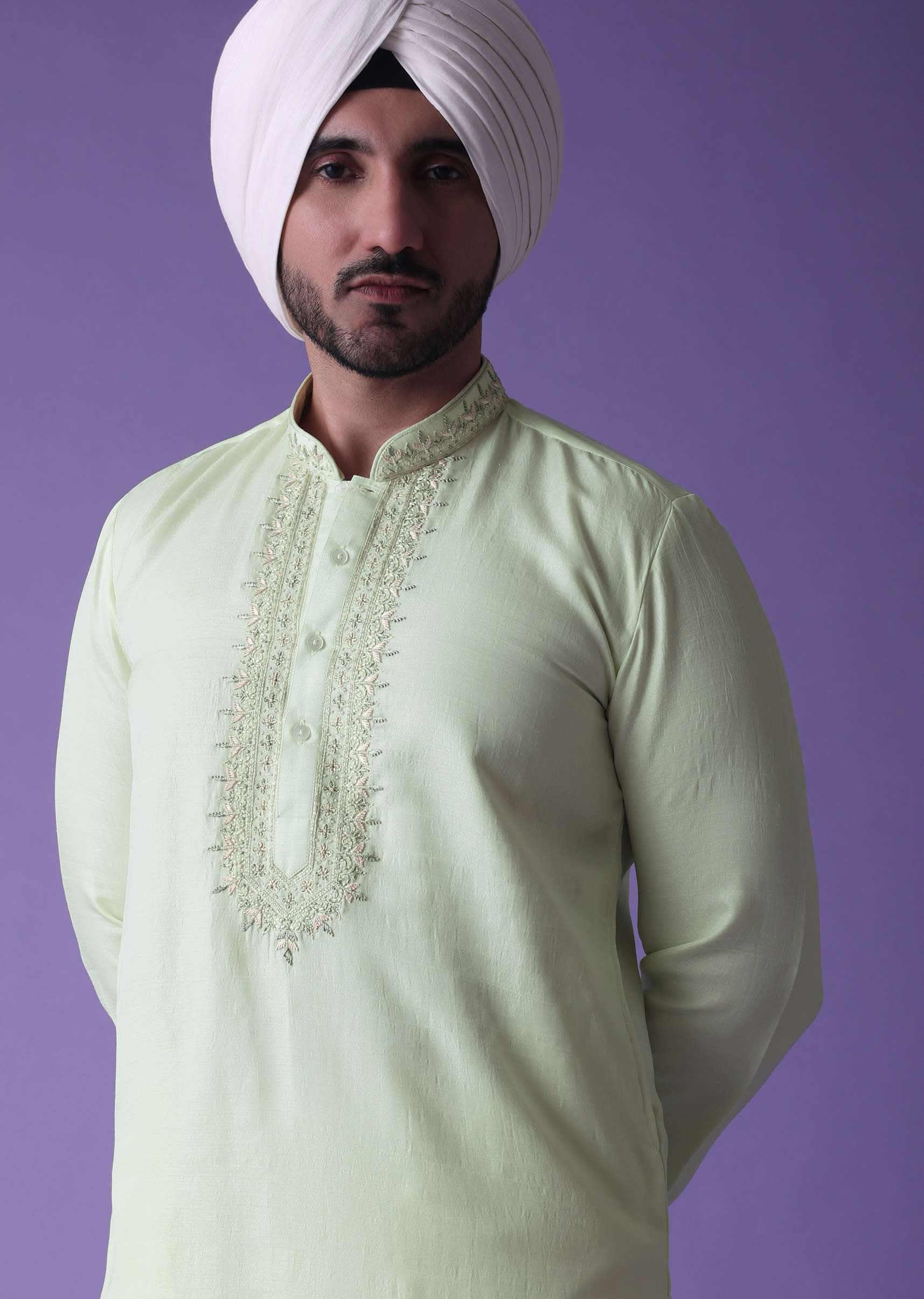 Yellow Kurta Set In Raw Silk With Threadwork - Image 3