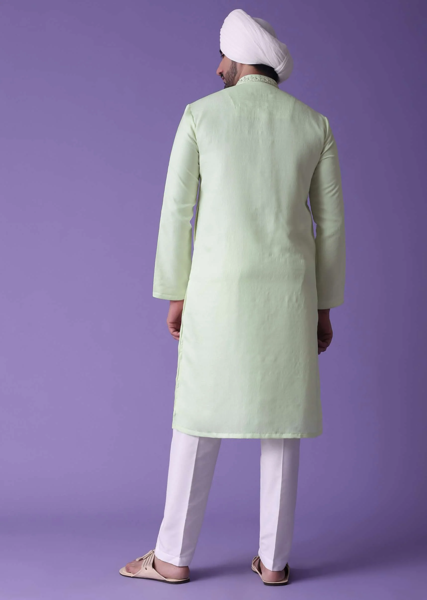 Yellow Kurta Set In Raw Silk With Threadwork - Image 5