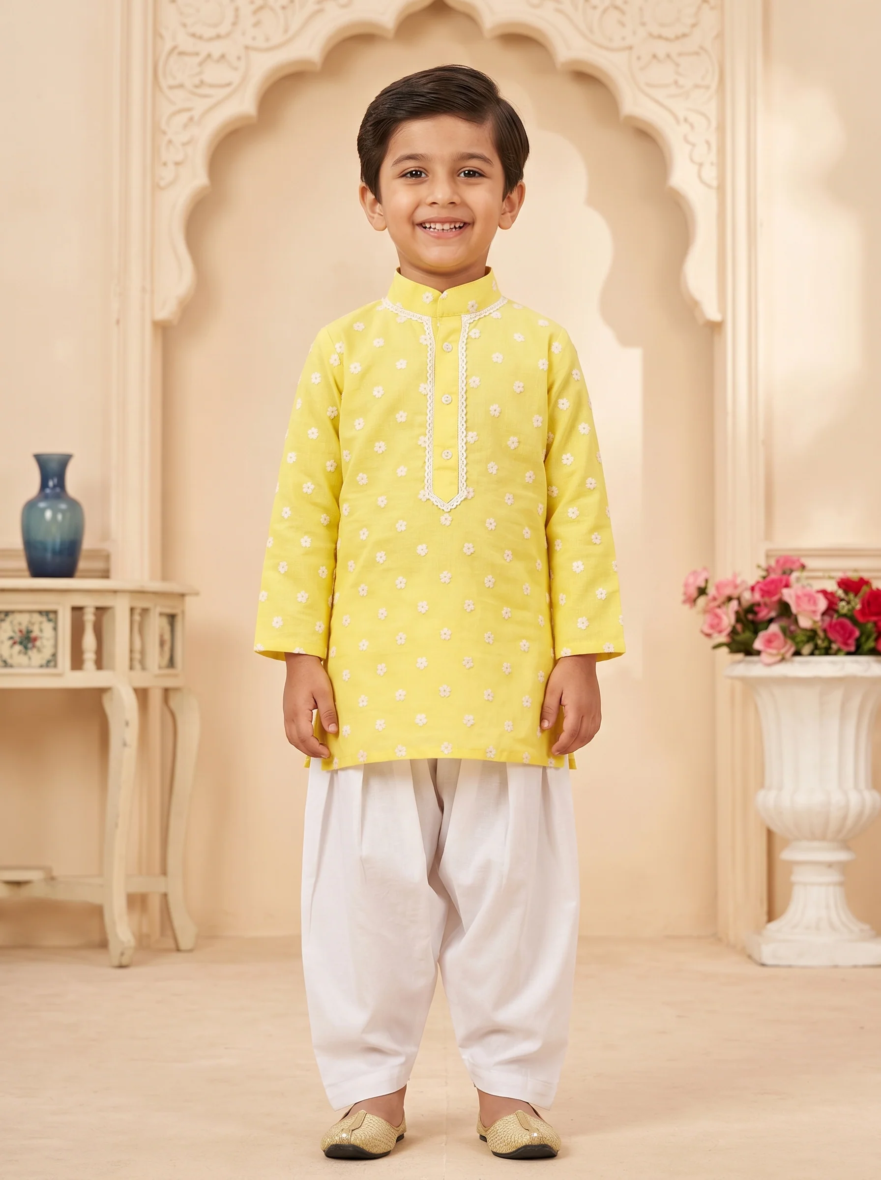 Yellow Kurta Set With Embroidery And Mandarin Collar