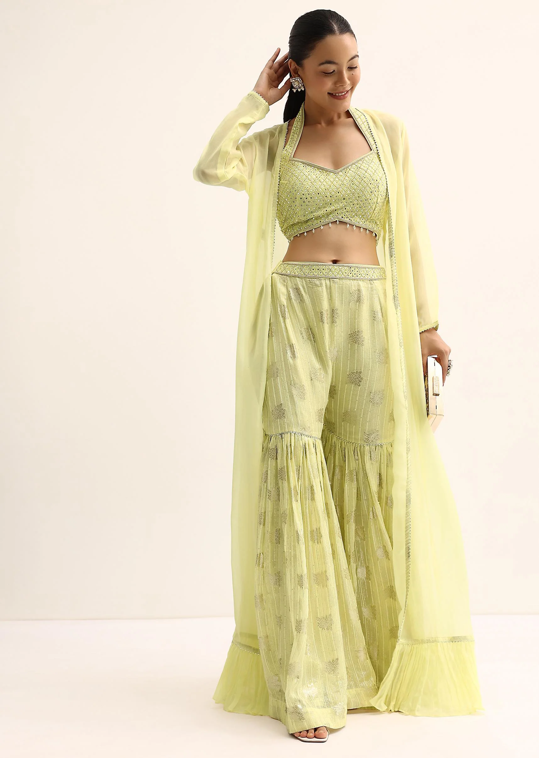 Yellow Mirror Crop Top With Jacket And Sharara - Image 4