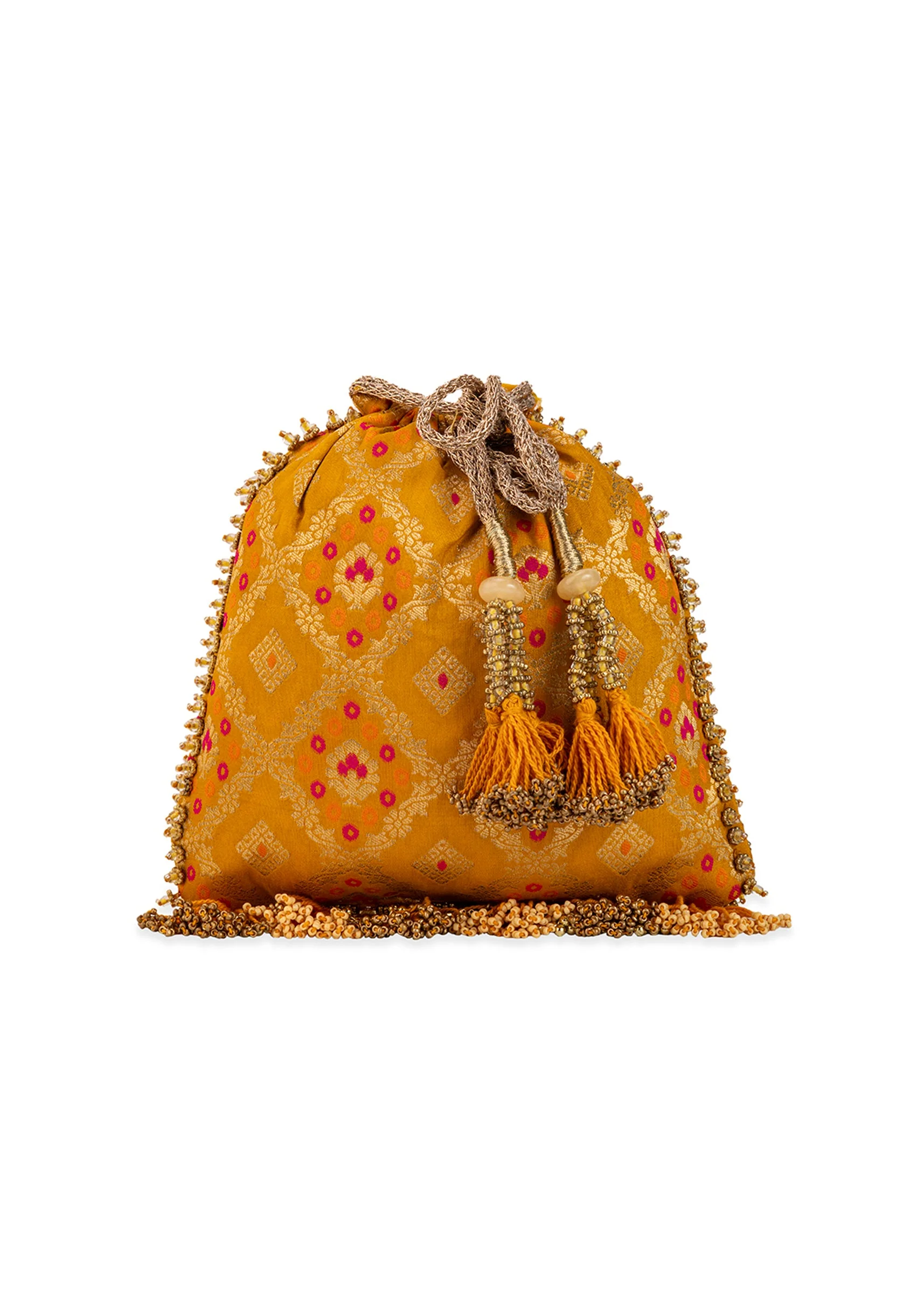 Yellow Mirror Embellished Silk Potli Bag - Image 2