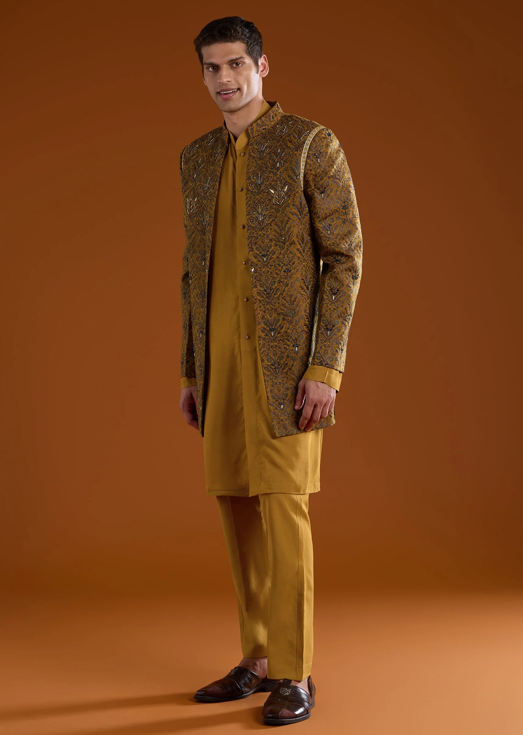 Yellow Muslin Cutdana Work Indowestern Kurta Set
