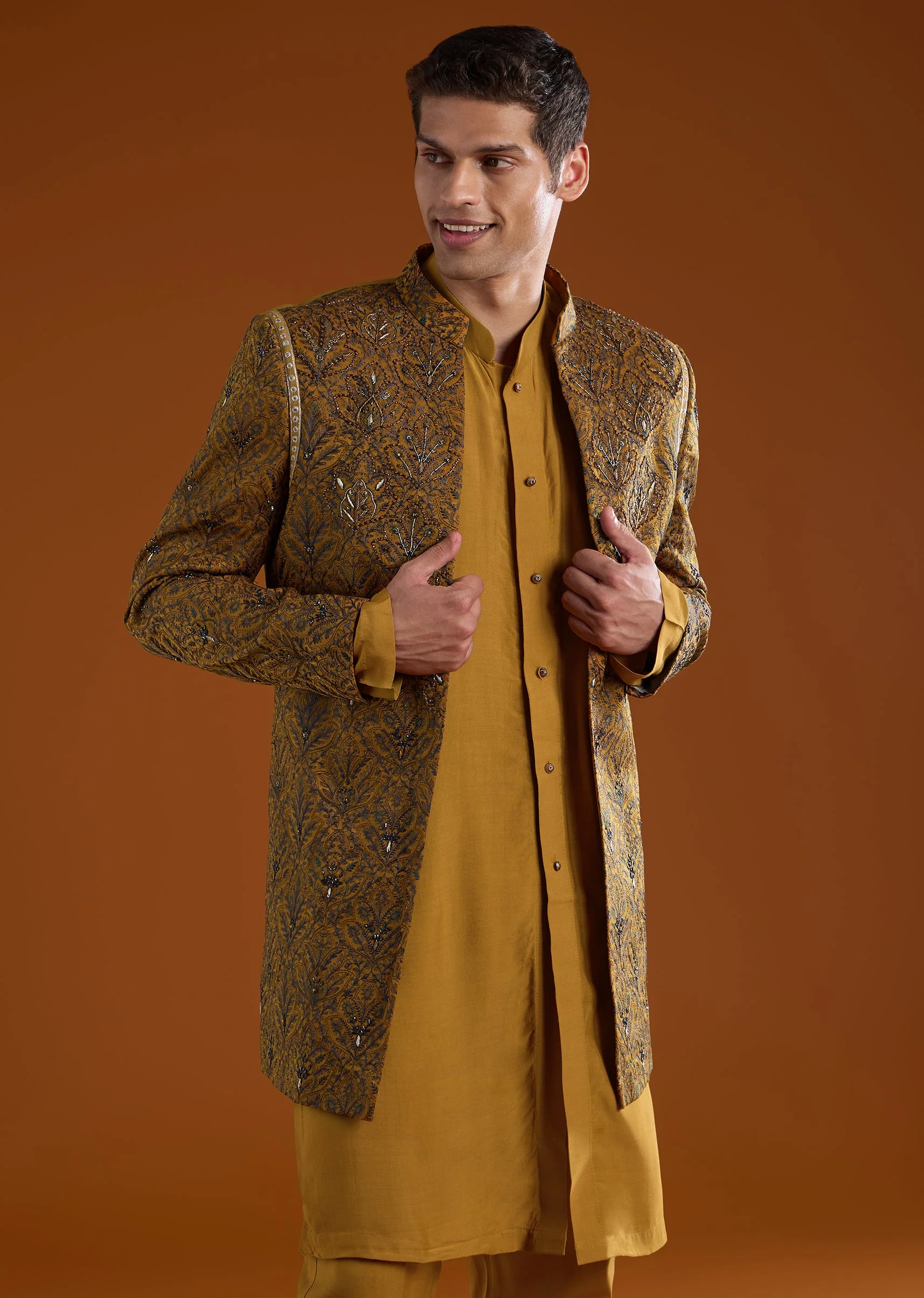 Yellow Muslin Cutdana Work Indowestern Kurta Set - Image 4
