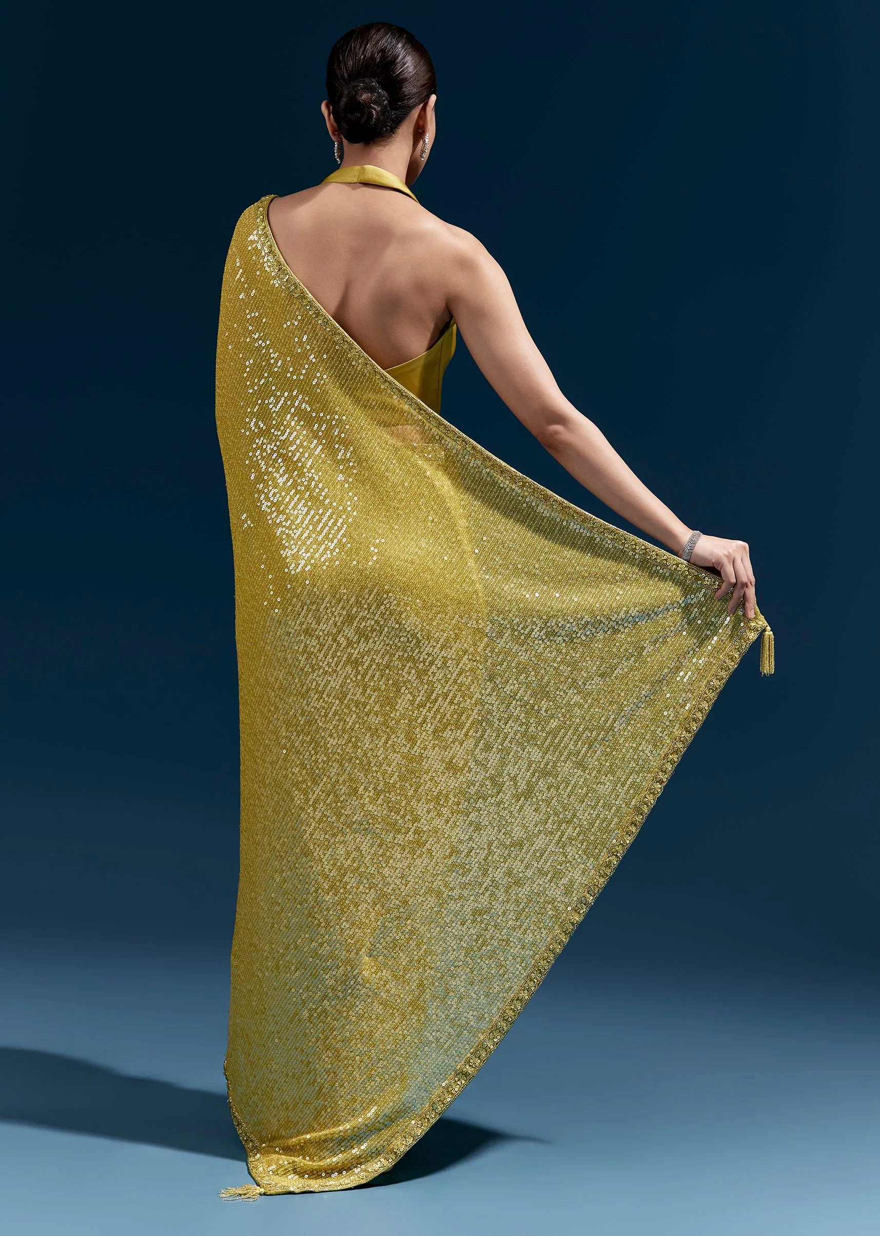 Yellow Net Sequin Saree With Linear All Over Work And Hand Embroidered Floral Border - Image 4