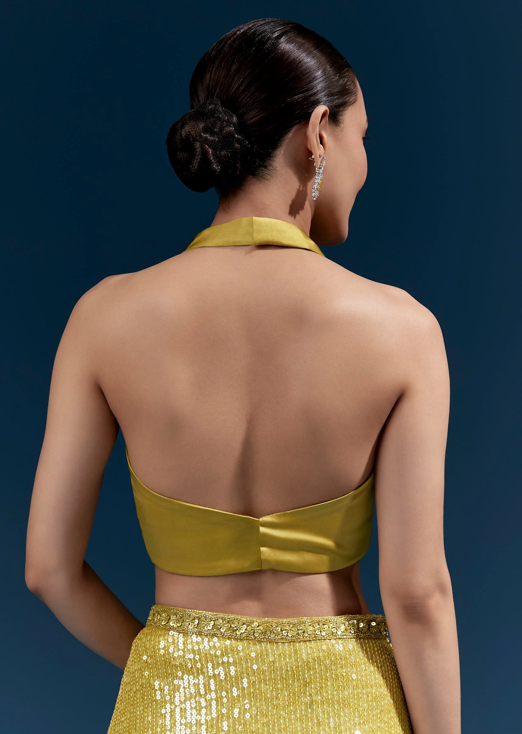 Yellow Net Sequin Saree With Linear All Over Work And Hand Embroidered Floral Border - Image 8