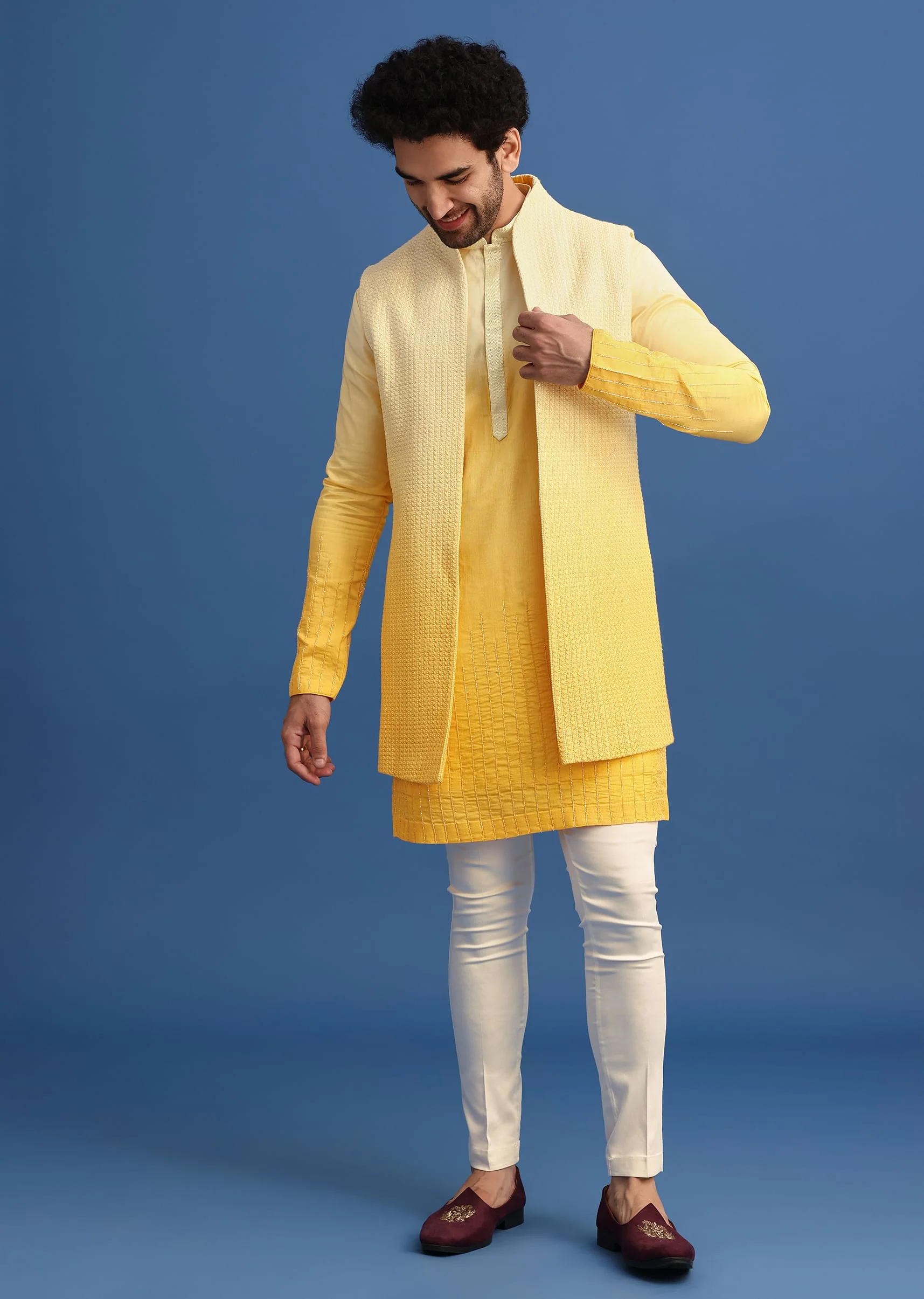 Yellow Ombre Silk Kurta Jacket Set With Zardozi Work - Image 2