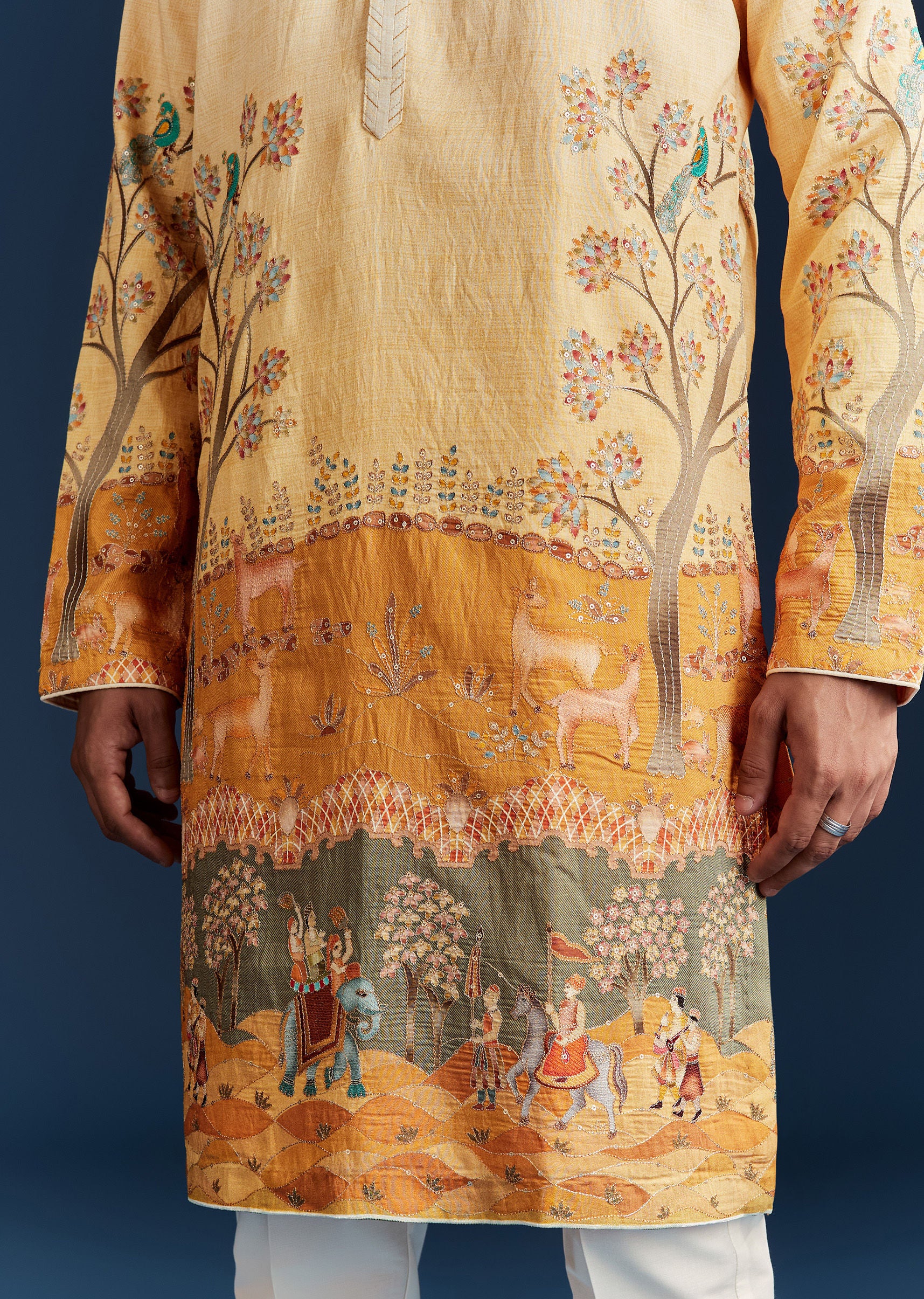 Yellow Ombre Silk Kurta Set With Floral And Animal Print Motifs - Image 4