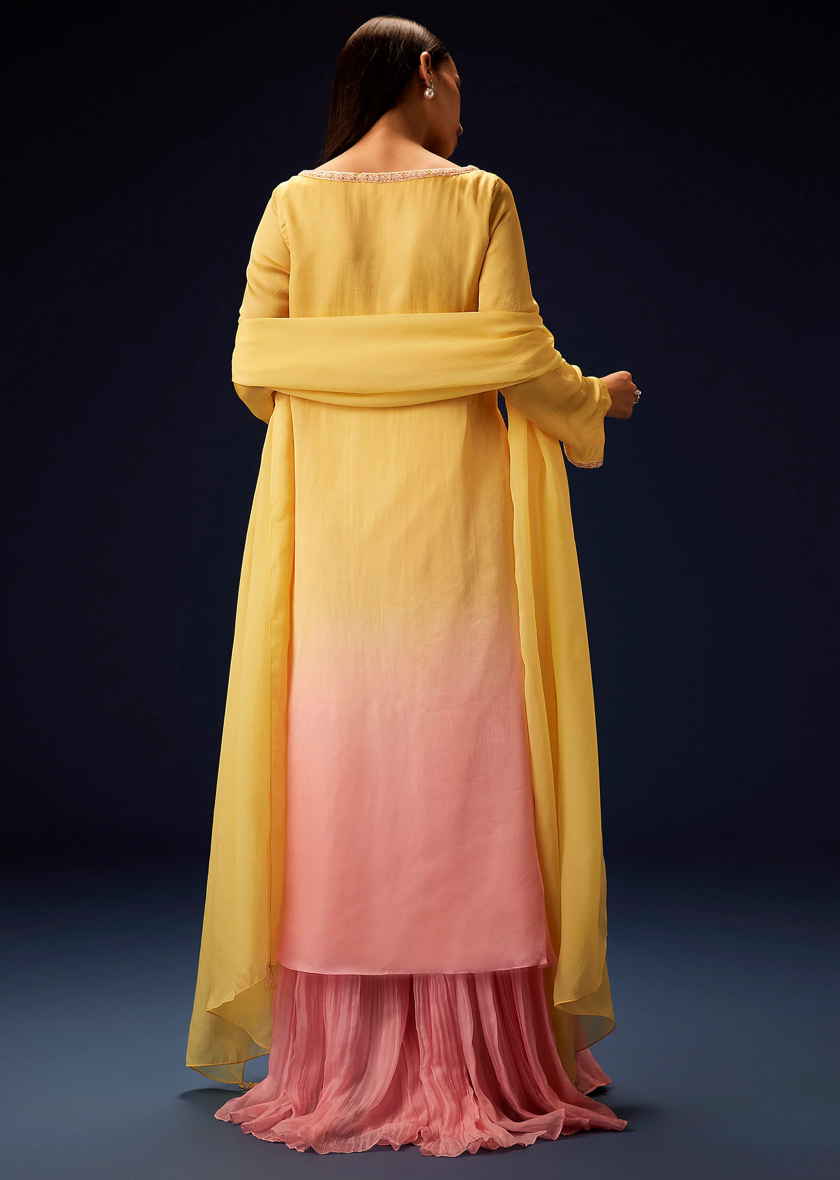 Yellow Orgnaza Kurta Palazzo Suit With Bell Bottom Pants - Image 5