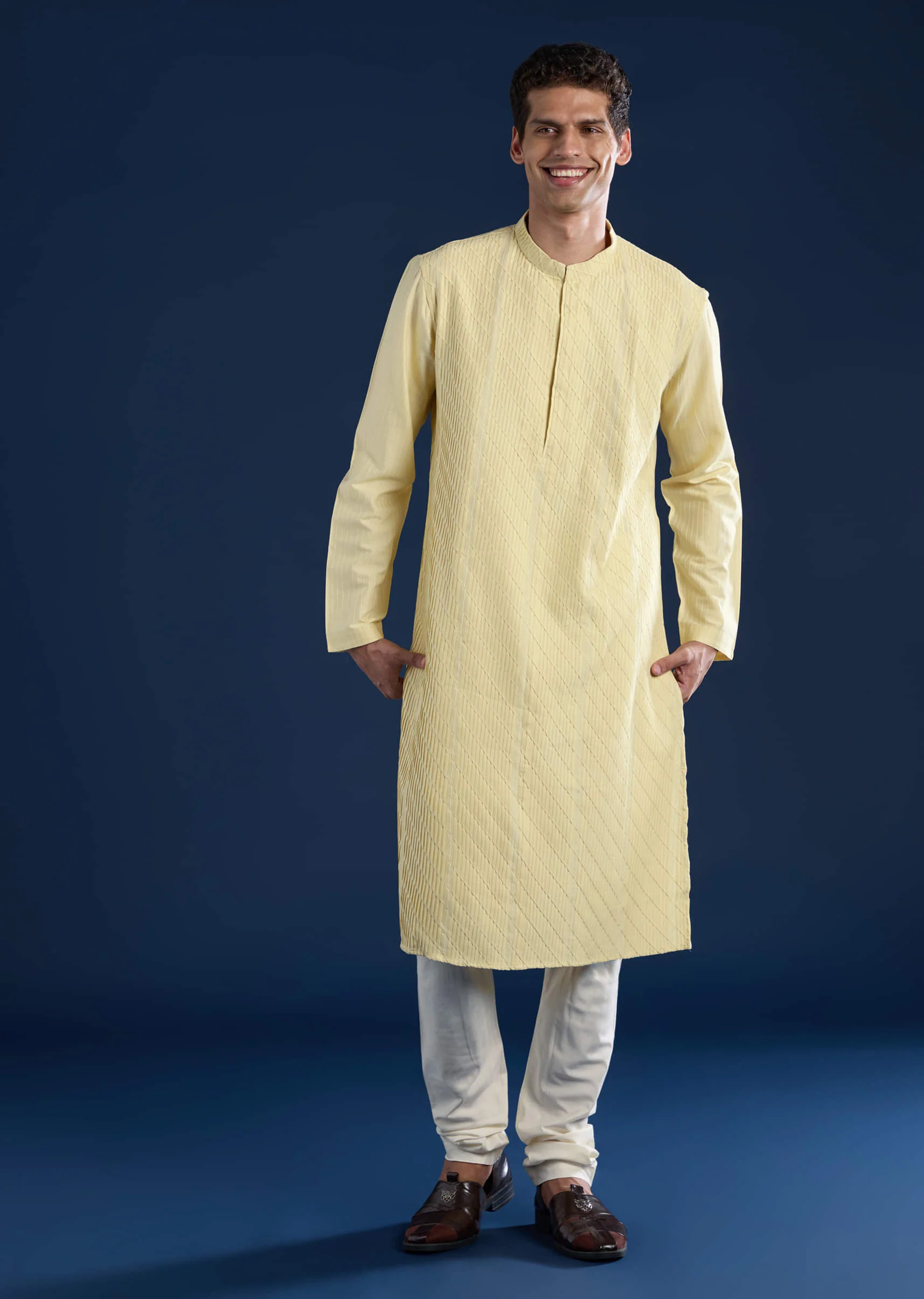 Yellow Pintuck Mens Kurta and Pant Set - Image 4