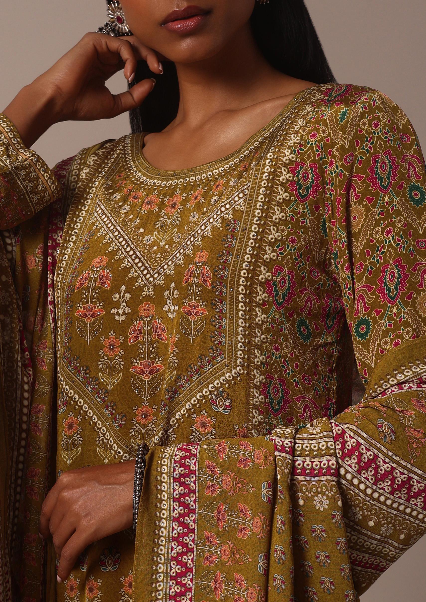 Yellow Printed Chiffon Sharara Set With Stone Work Kurta - Image 2