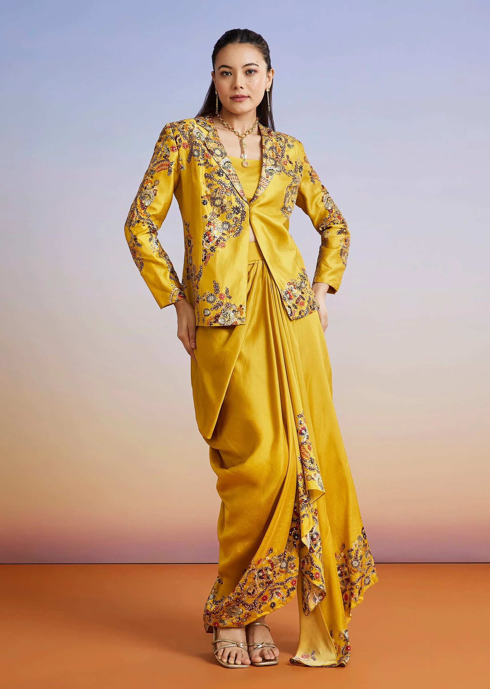Yellow Printed Silk Blend Jacket Style Skirt Set - Image 3