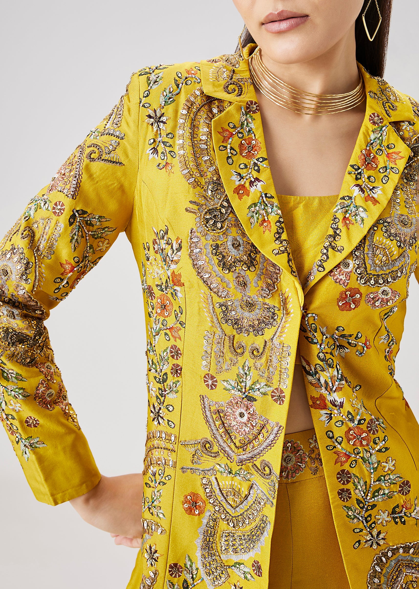 Yellow Printed Silk Crop Top Palazzo Set With Embellished Jacket - Image 2
