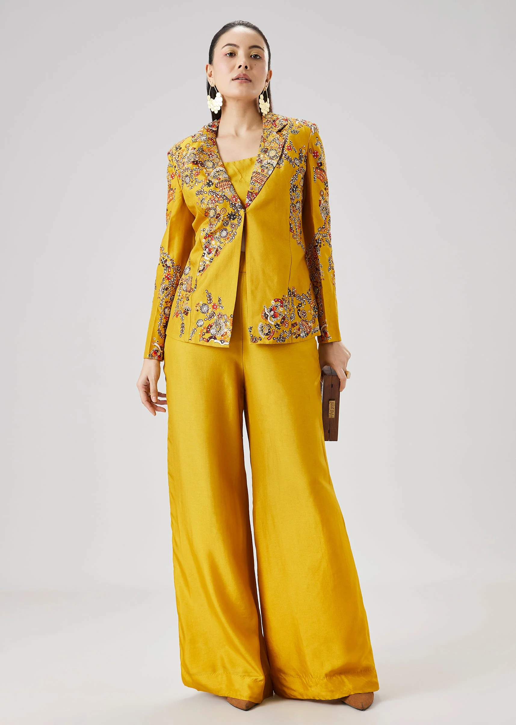 Yellow Printed Silk Ensemble with Crop Top Palazzo Pants And Embellished Jacket - Image 3