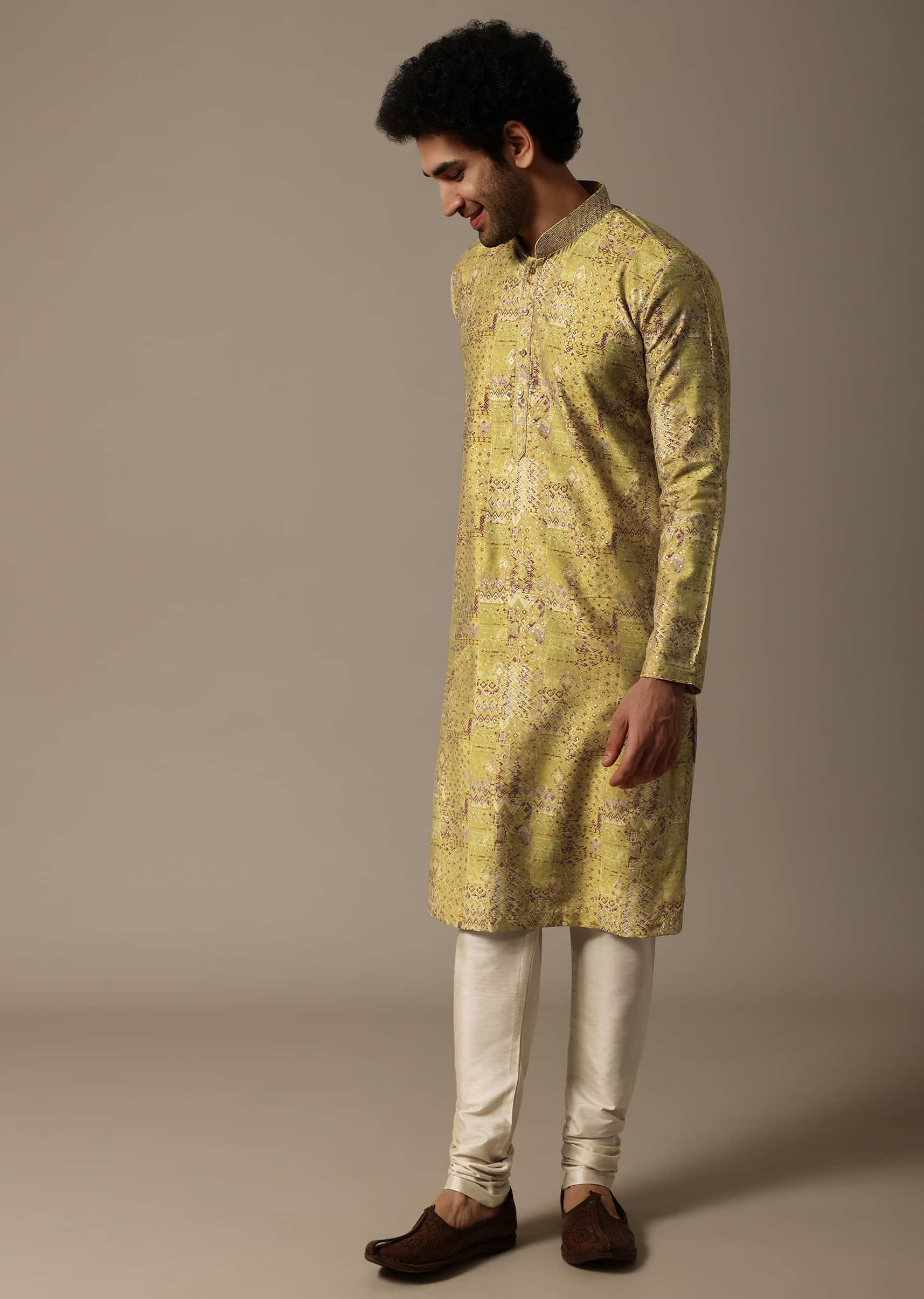 Yellow Printed Silk Kurta Set For Men - Image 3