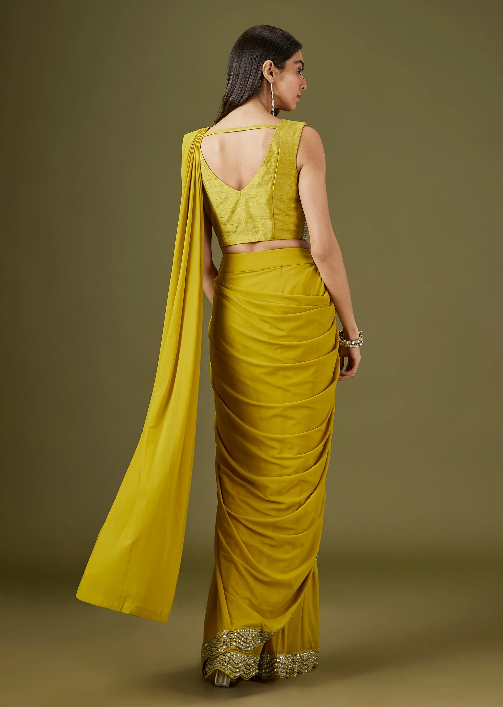 Yellow Ready Pleated Saree With Mirror Embellished Blouse - Image 5