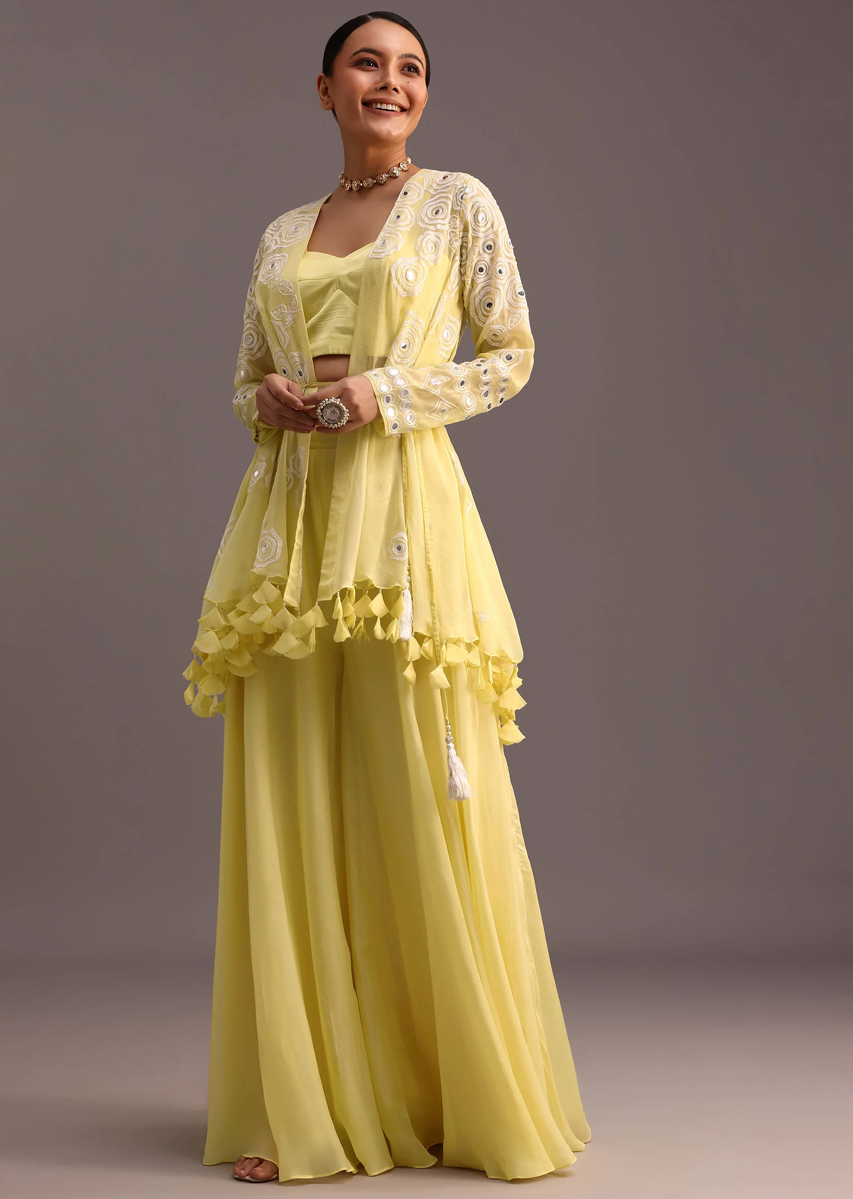 Yellow Resham Work Jacket And Croptop Palazzo Set - Image 3
