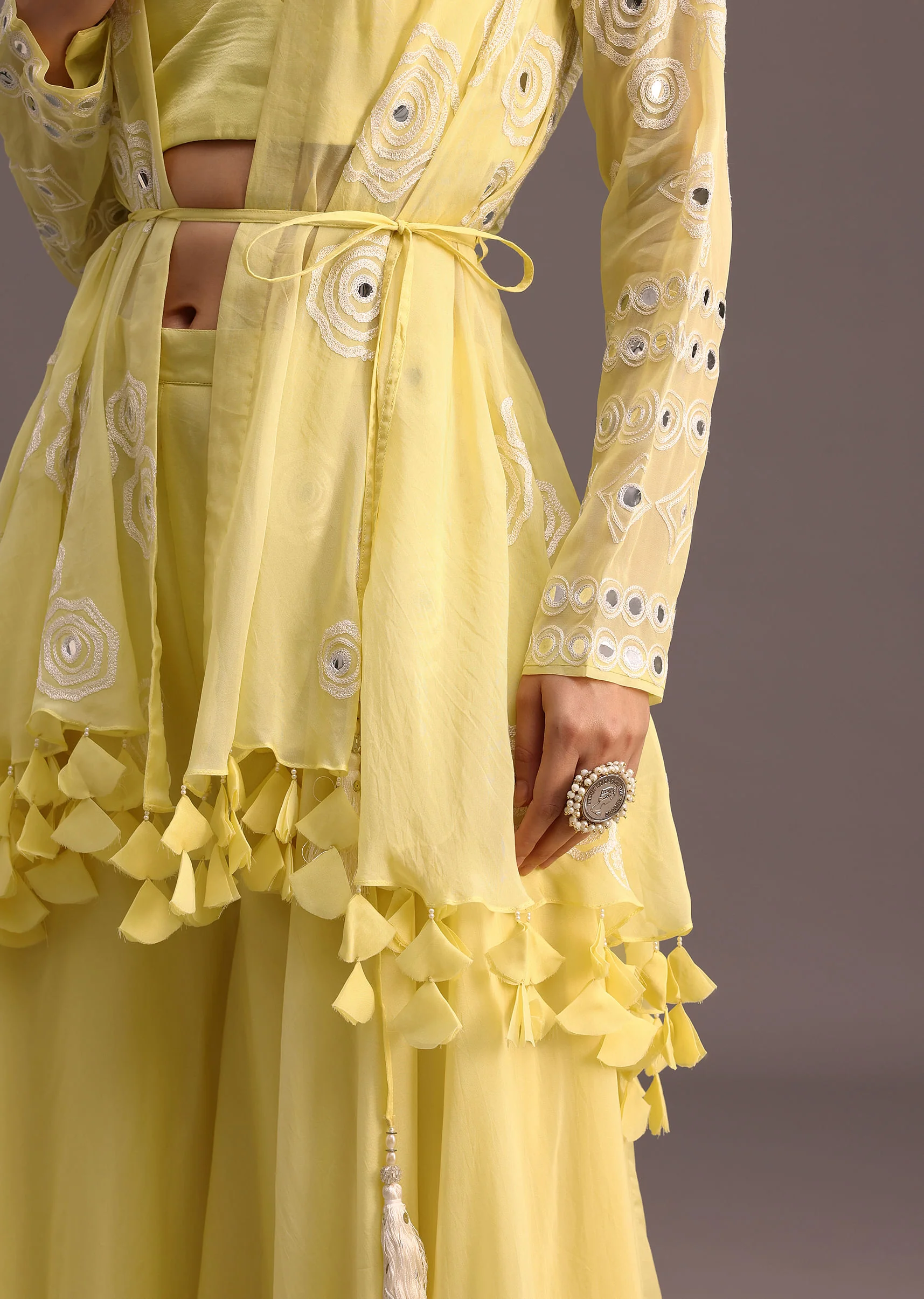Yellow Resham Work Jacket And Croptop Palazzo Set - Image 4