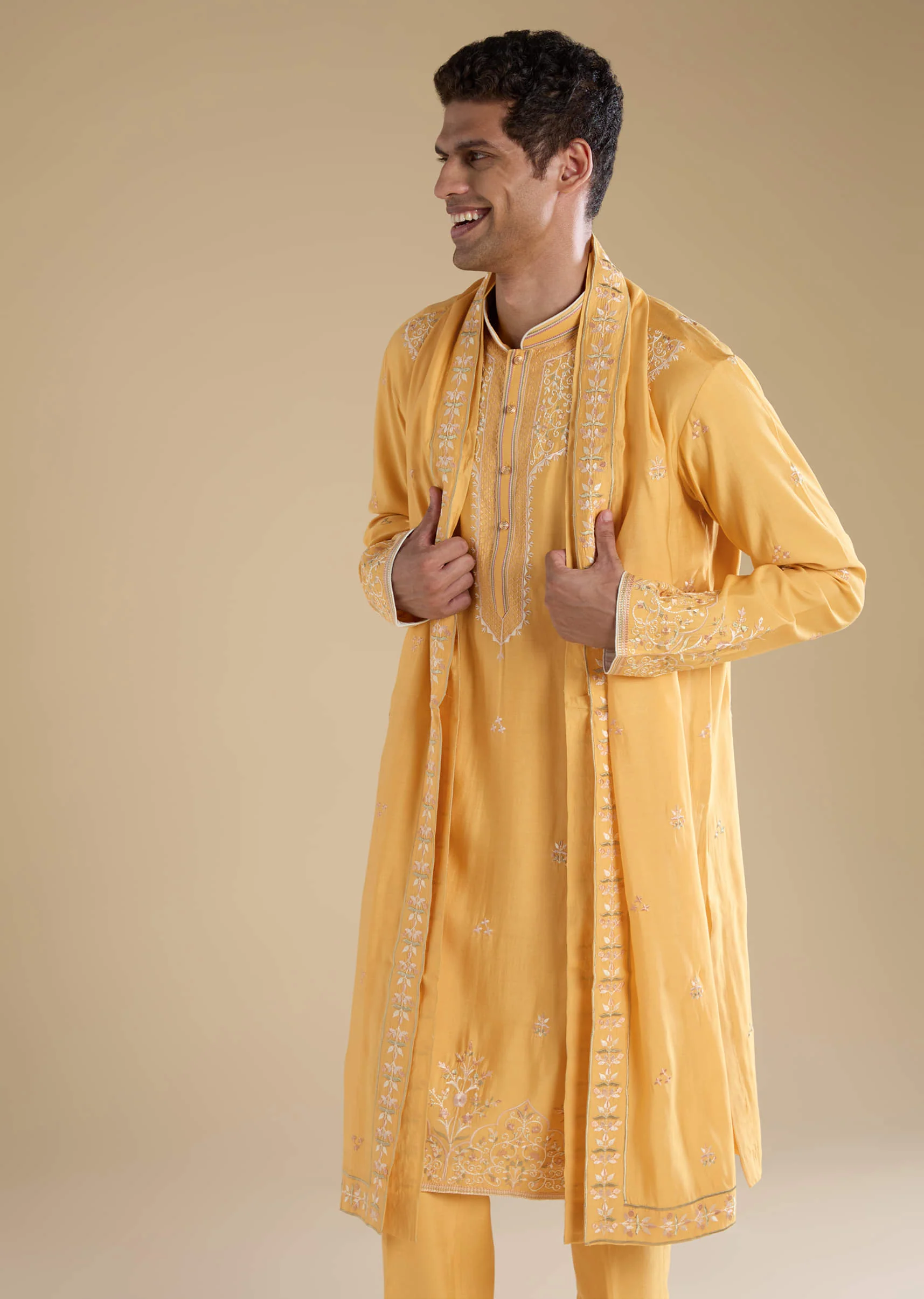 Yellow Resham Work Mens Kurta Set with Dupatta - Image 2