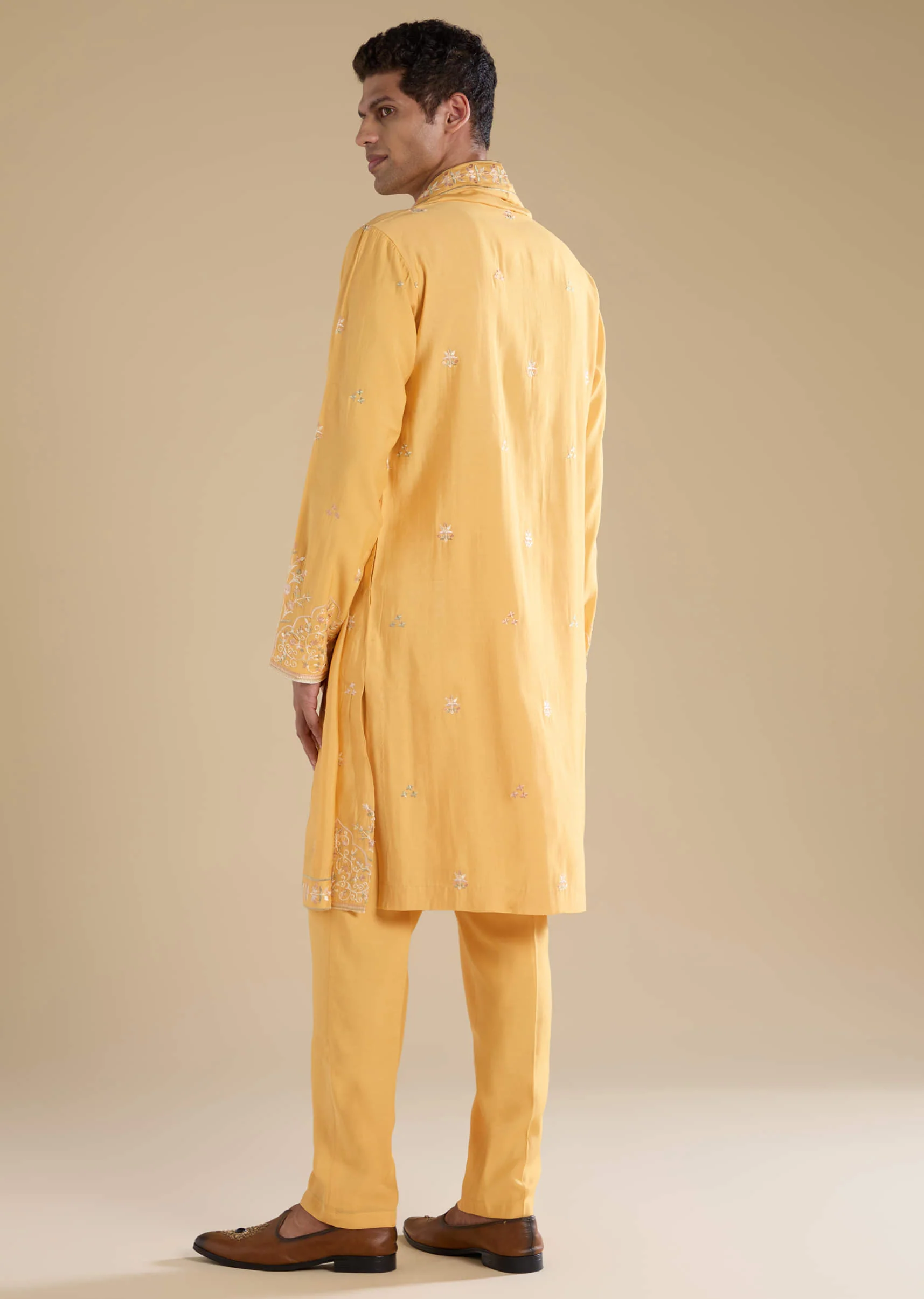 Yellow Resham Work Mens Kurta Set with Dupatta - Image 5
