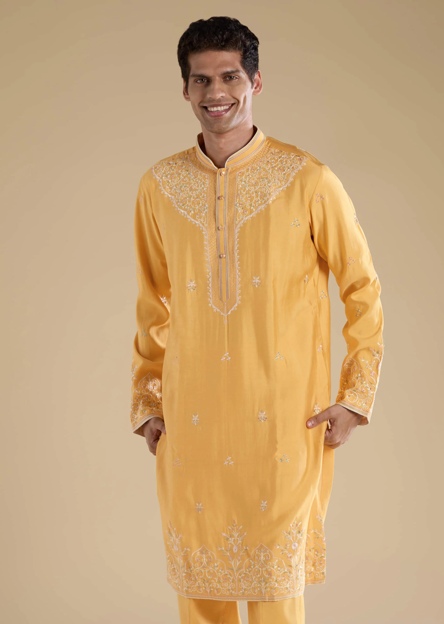 Yellow Resham Work Mens Kurta Set with Dupatta - Image 6