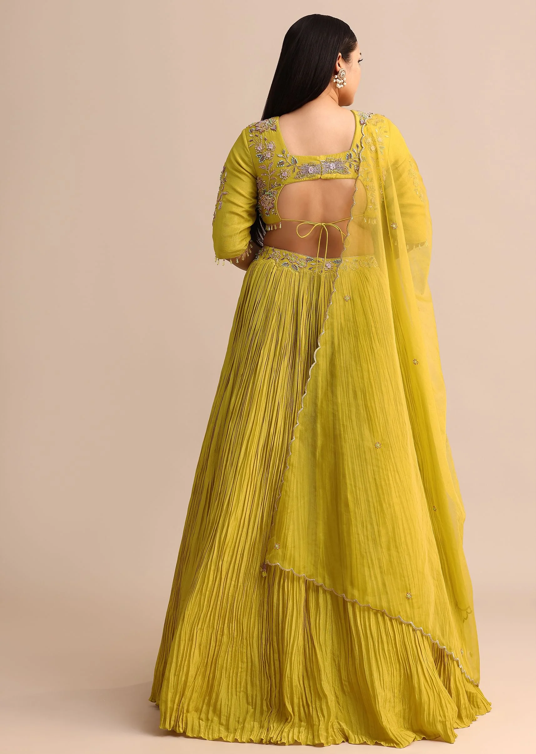 Yellow Ruched Lehenga With Embroidered Blouse And Dupatta - Image 5
