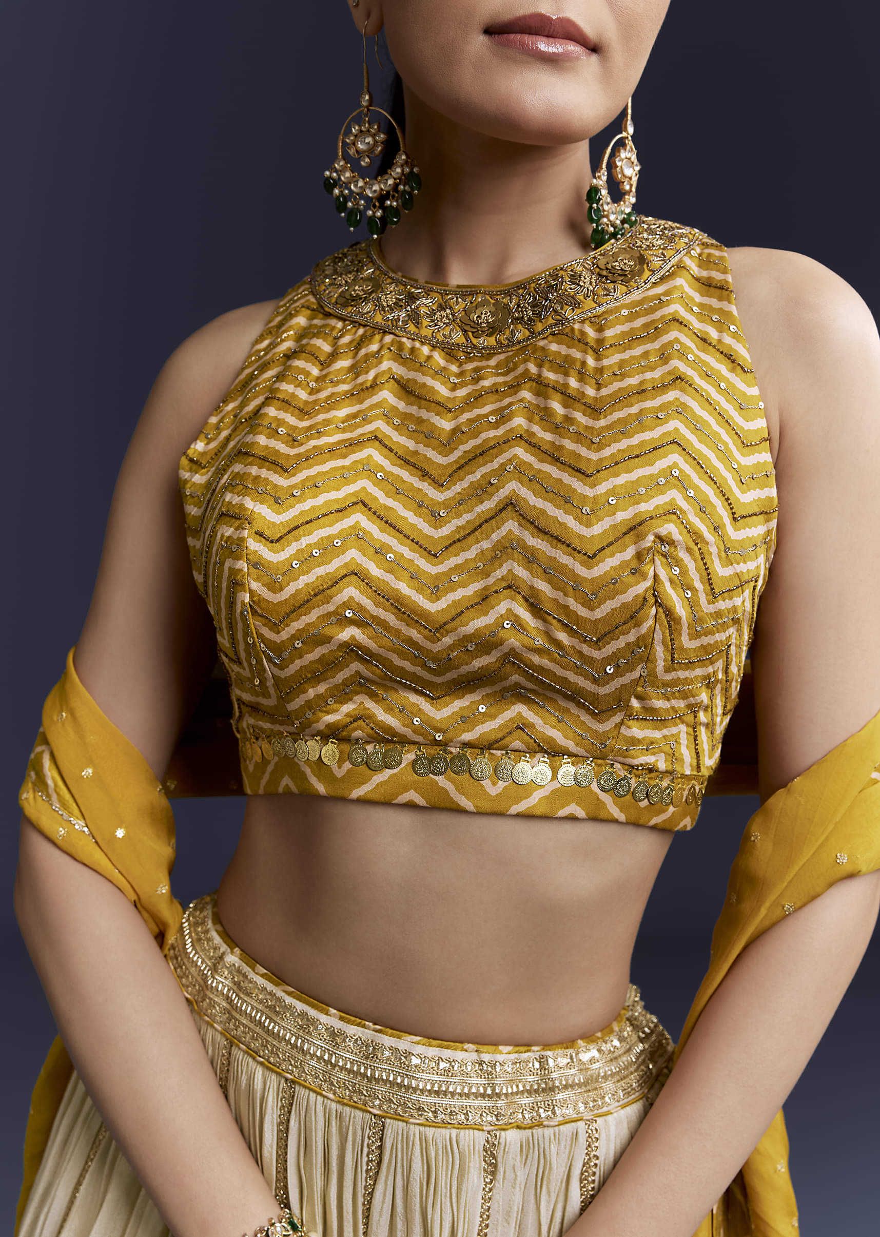 Yellow Satin Bridesmaid Lehenga With Hand Dyed Chevron Print Choli - Image 3