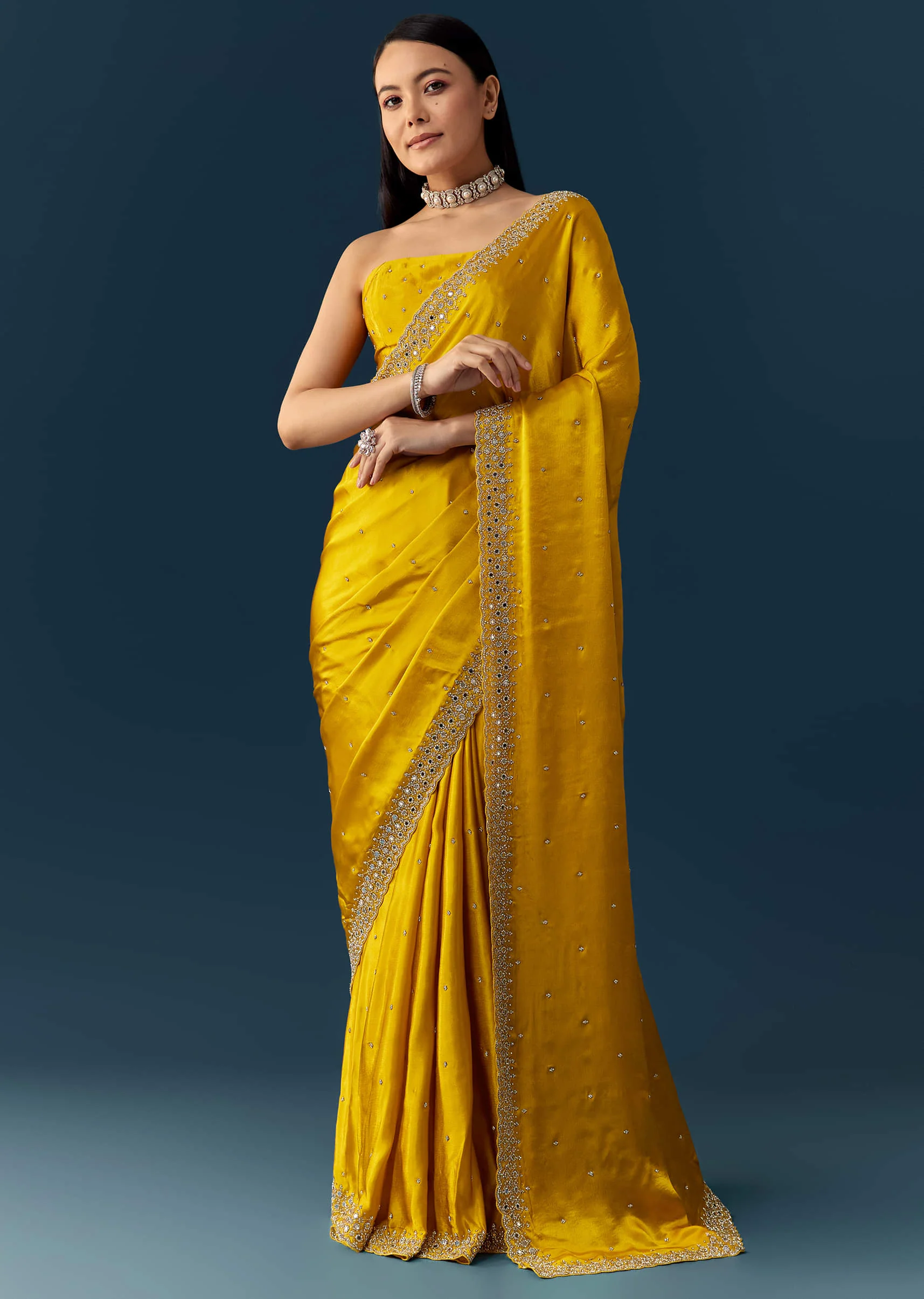 Yellow Satin Saree with Sequins and Unstitched Bouse - Image 3