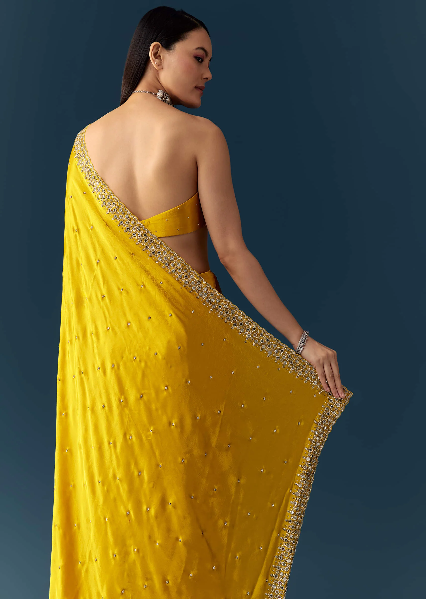 Yellow Satin Saree with Sequins and Unstitched Bouse - Image 6