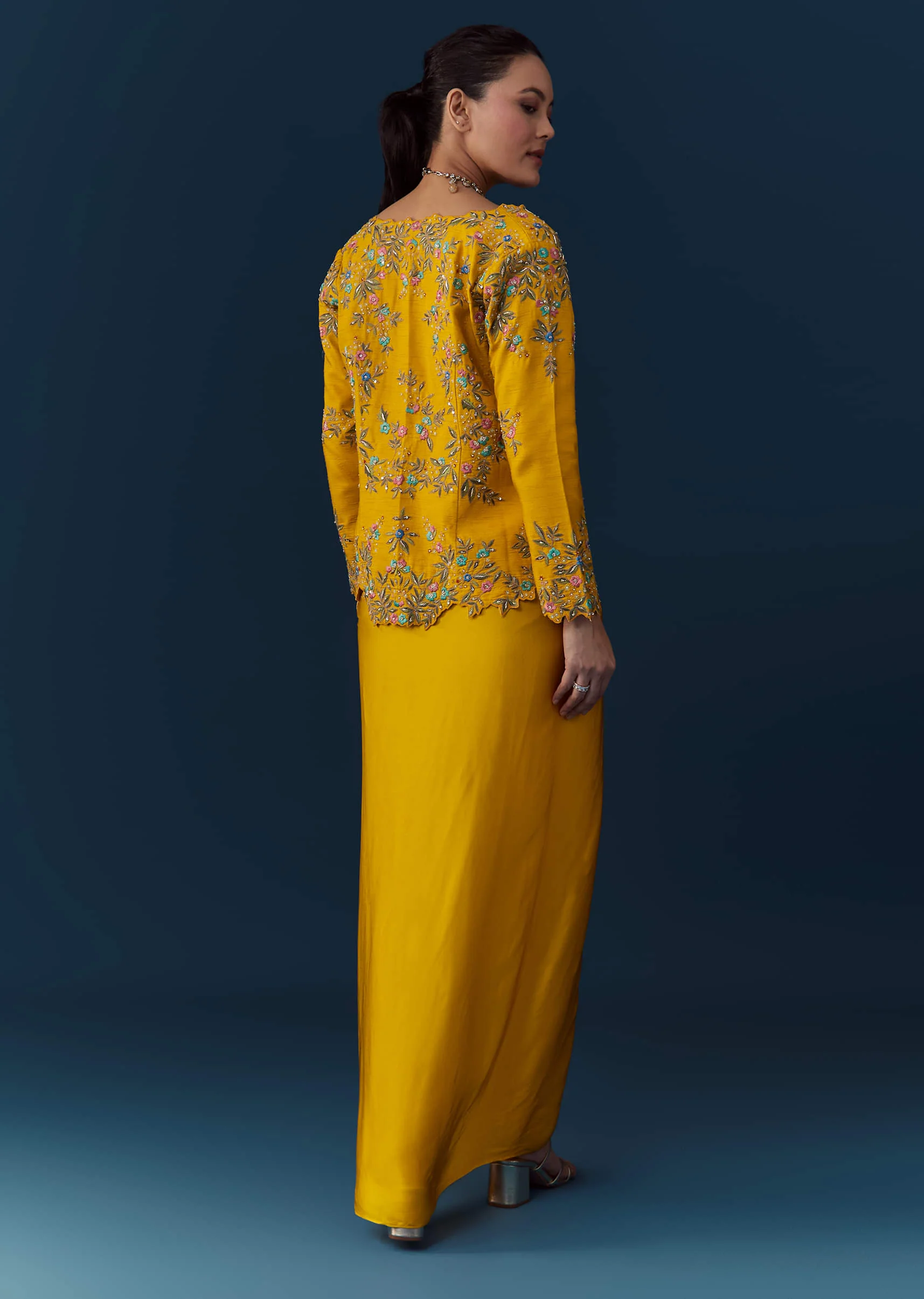 Yellow Satin Silk Crop Top Skirt Set with Resham Work - Image 5