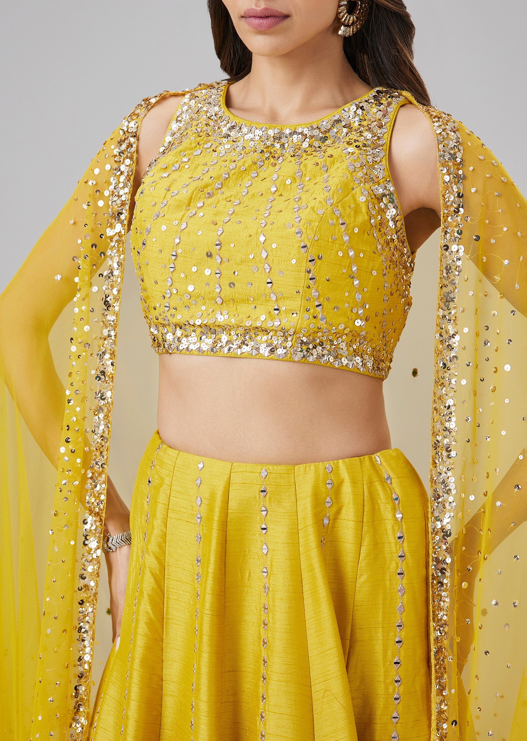 Yellow Sequin And Mirror Work Bridesmaid Lehenga Set - Image 2