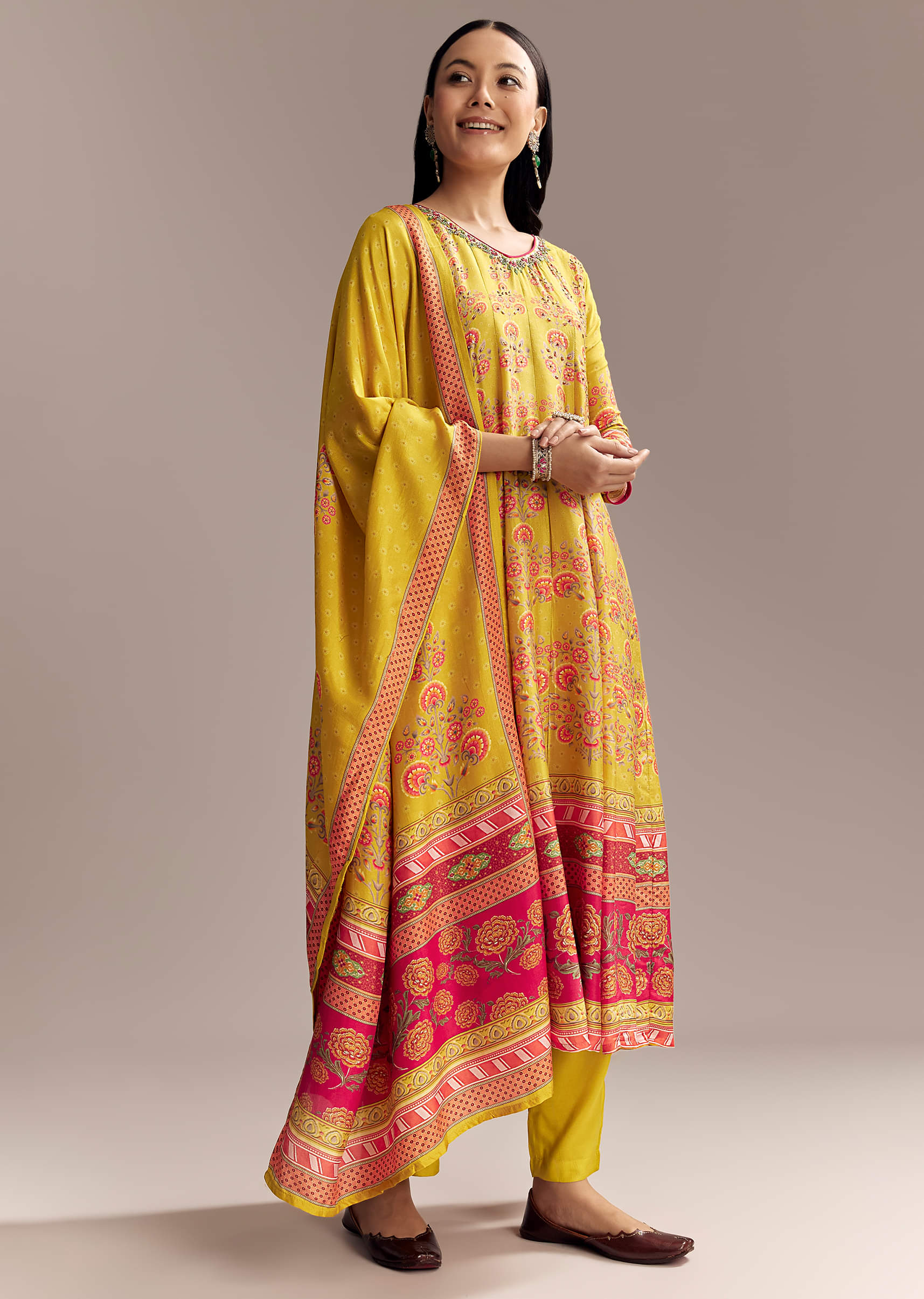 Yellow Silk Anarkali Suit With Multicolour Print - Image 2