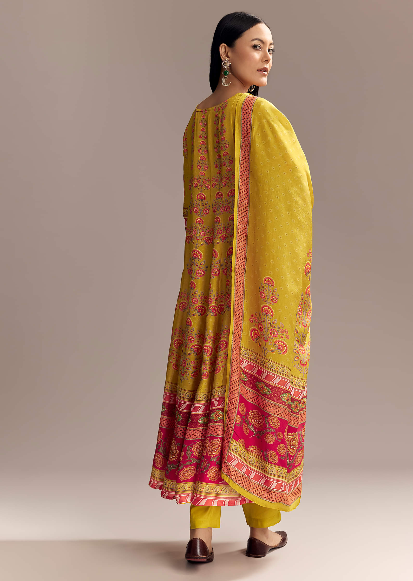 Yellow Silk Anarkali Suit With Multicolour Print - Image 5