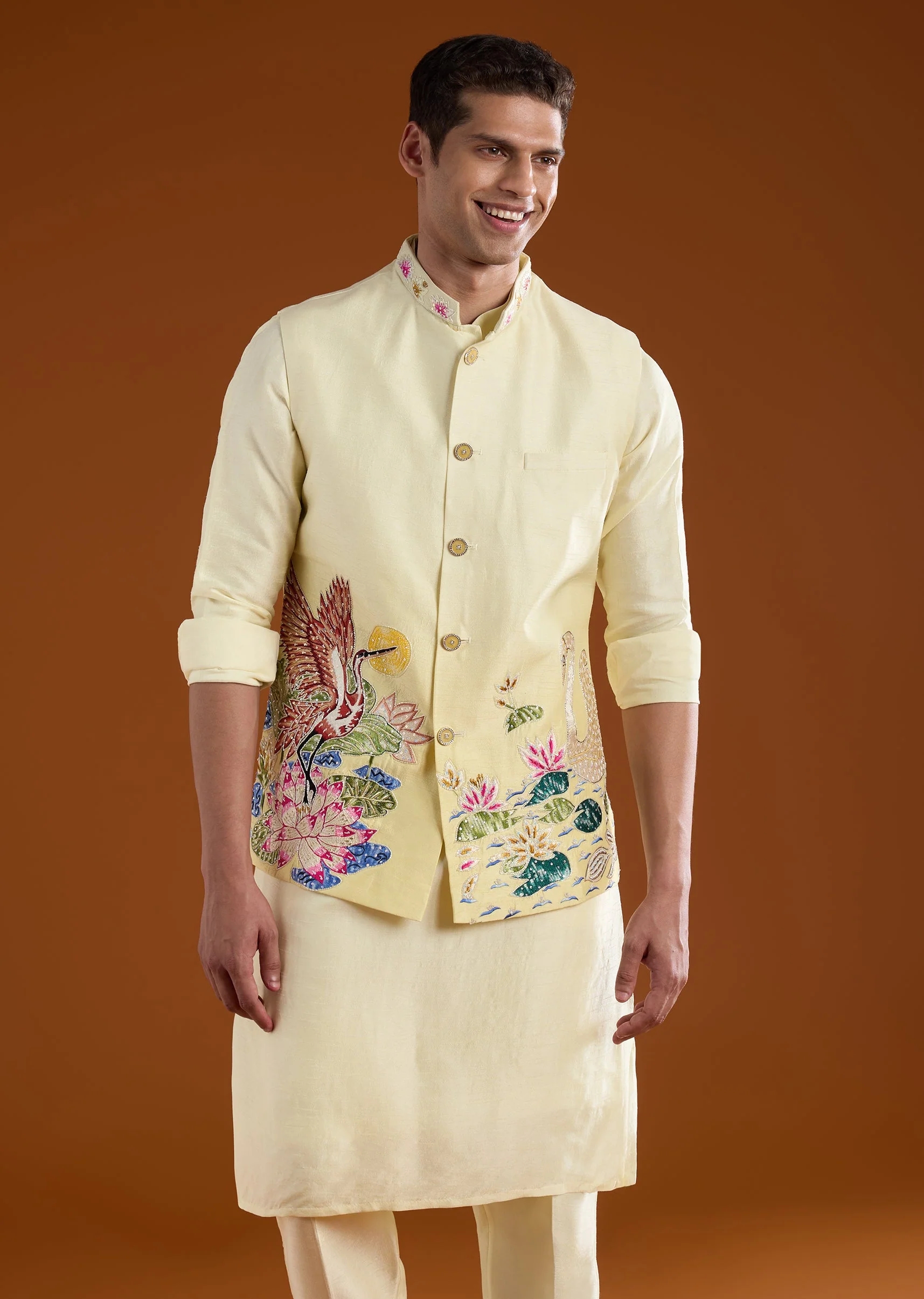 Yellow Silk Embroidered Front Button Kurta Sets And Dupatta - Image 4
