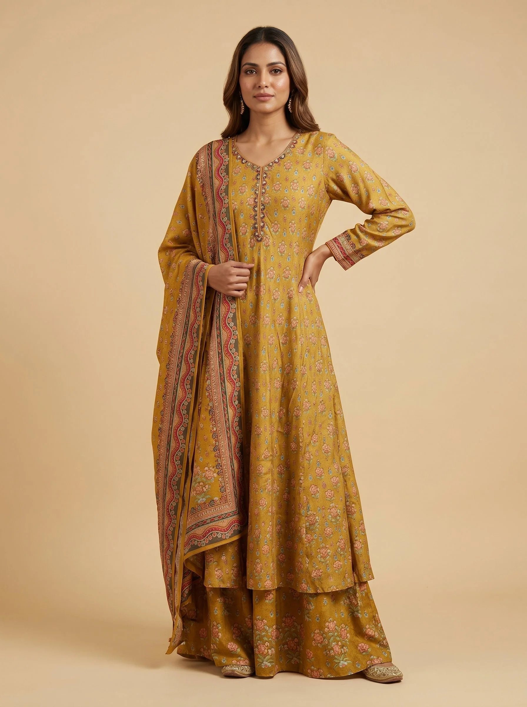 Yellow Silk Floral Anarkali Suit