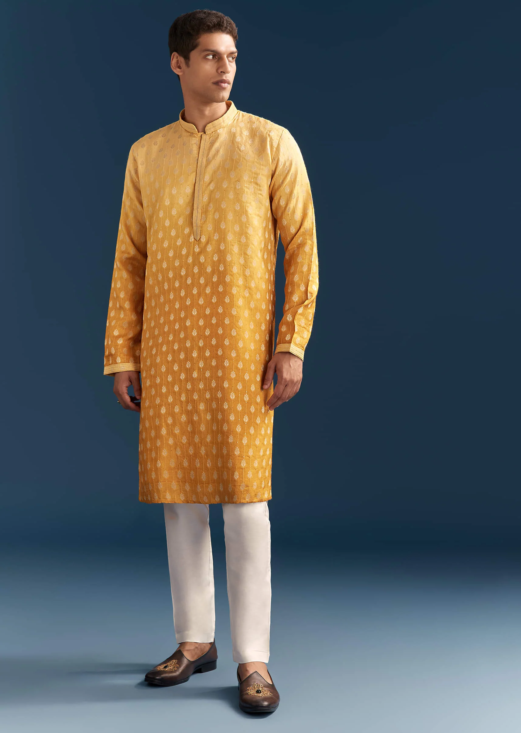 Yellow Silk Foil Kurta Set For Men With Sequins Embroidery - Image 2