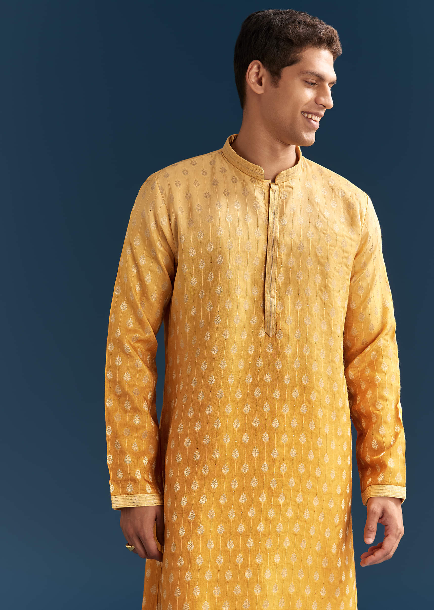 Yellow Silk Foil Kurta Set For Men With Sequins Embroidery - Image 3