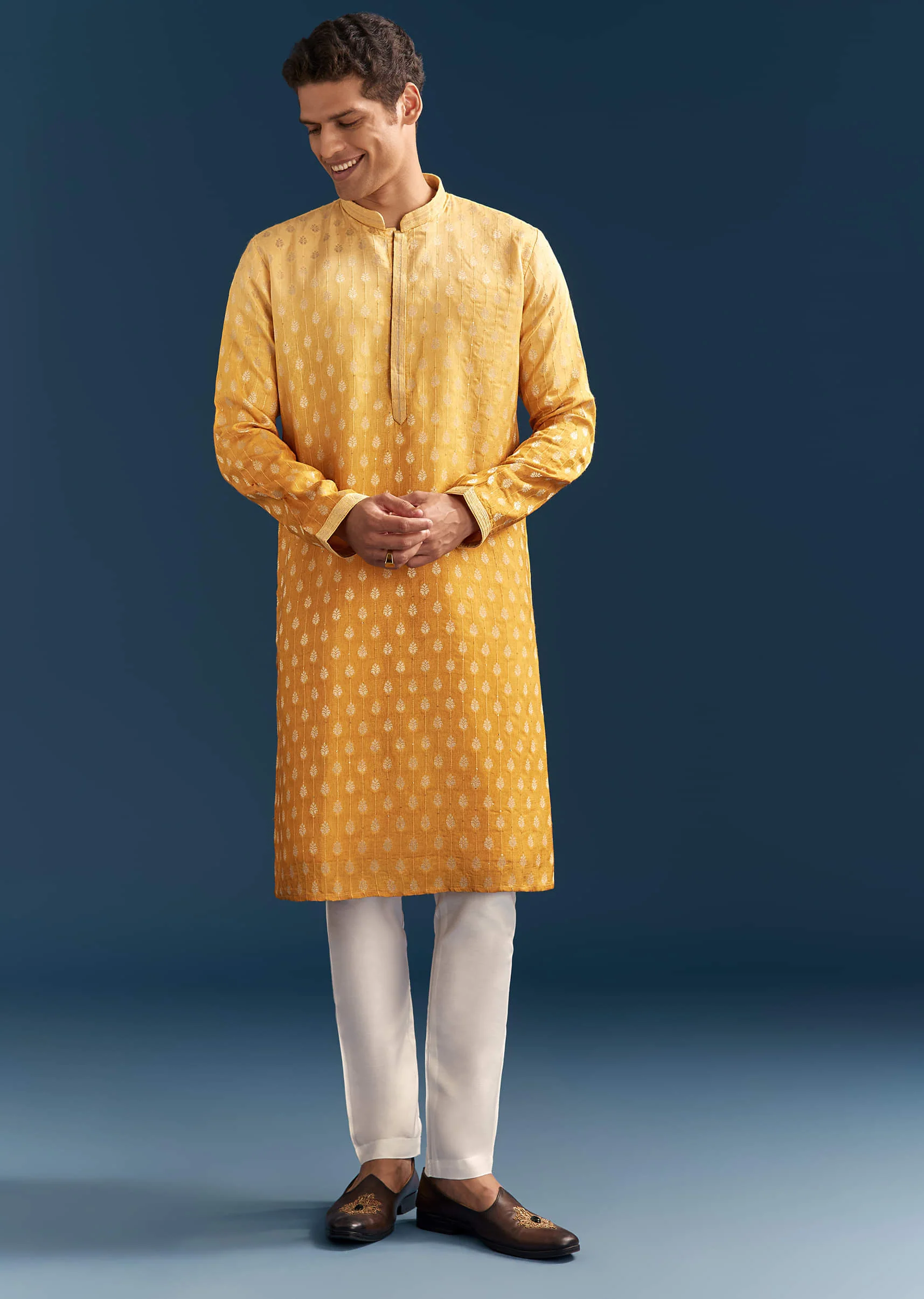 Yellow Silk Foil Kurta Set For Men With Sequins Embroidery - Image 4