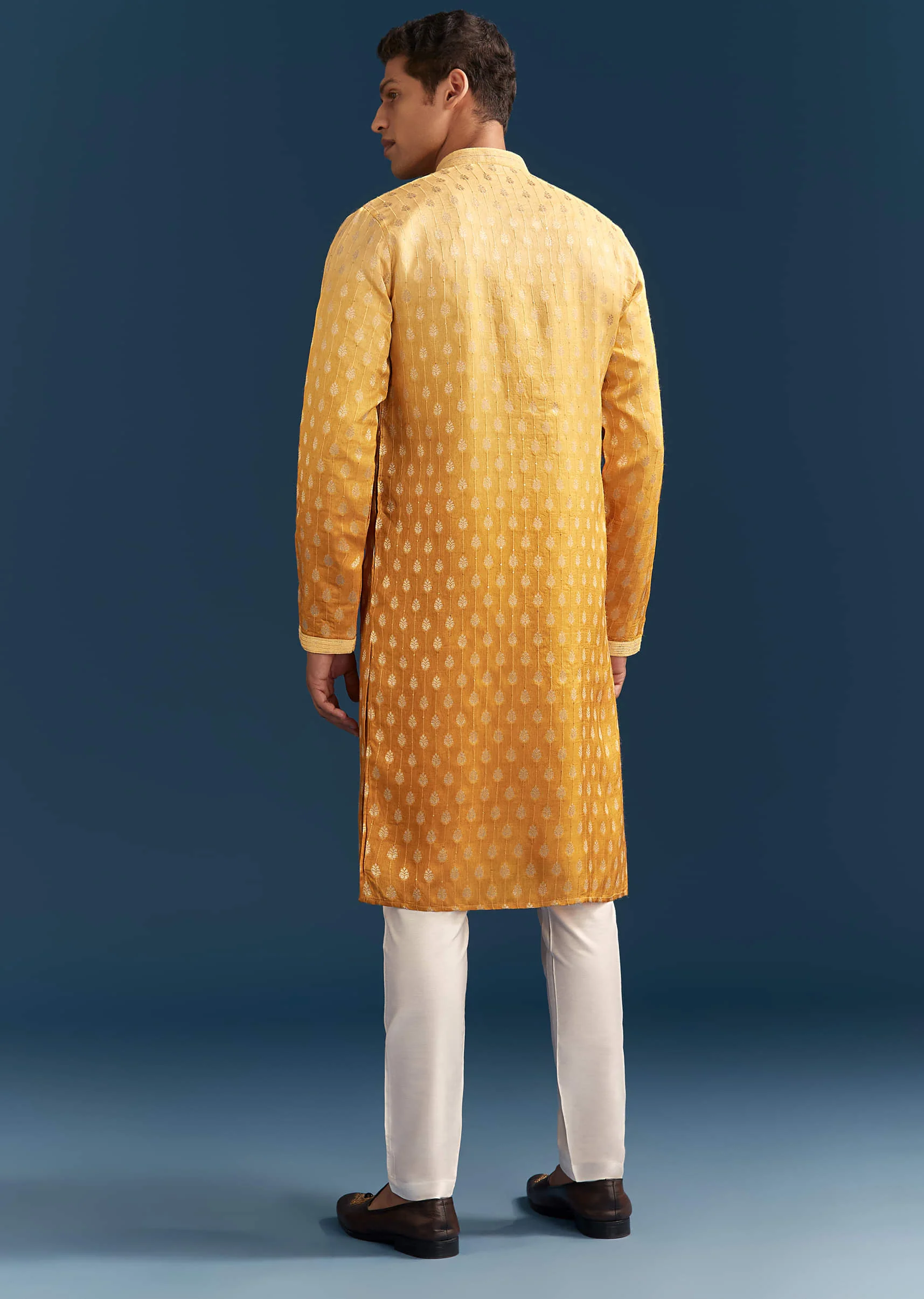 Yellow Silk Foil Kurta Set For Men With Sequins Embroidery - Image 5