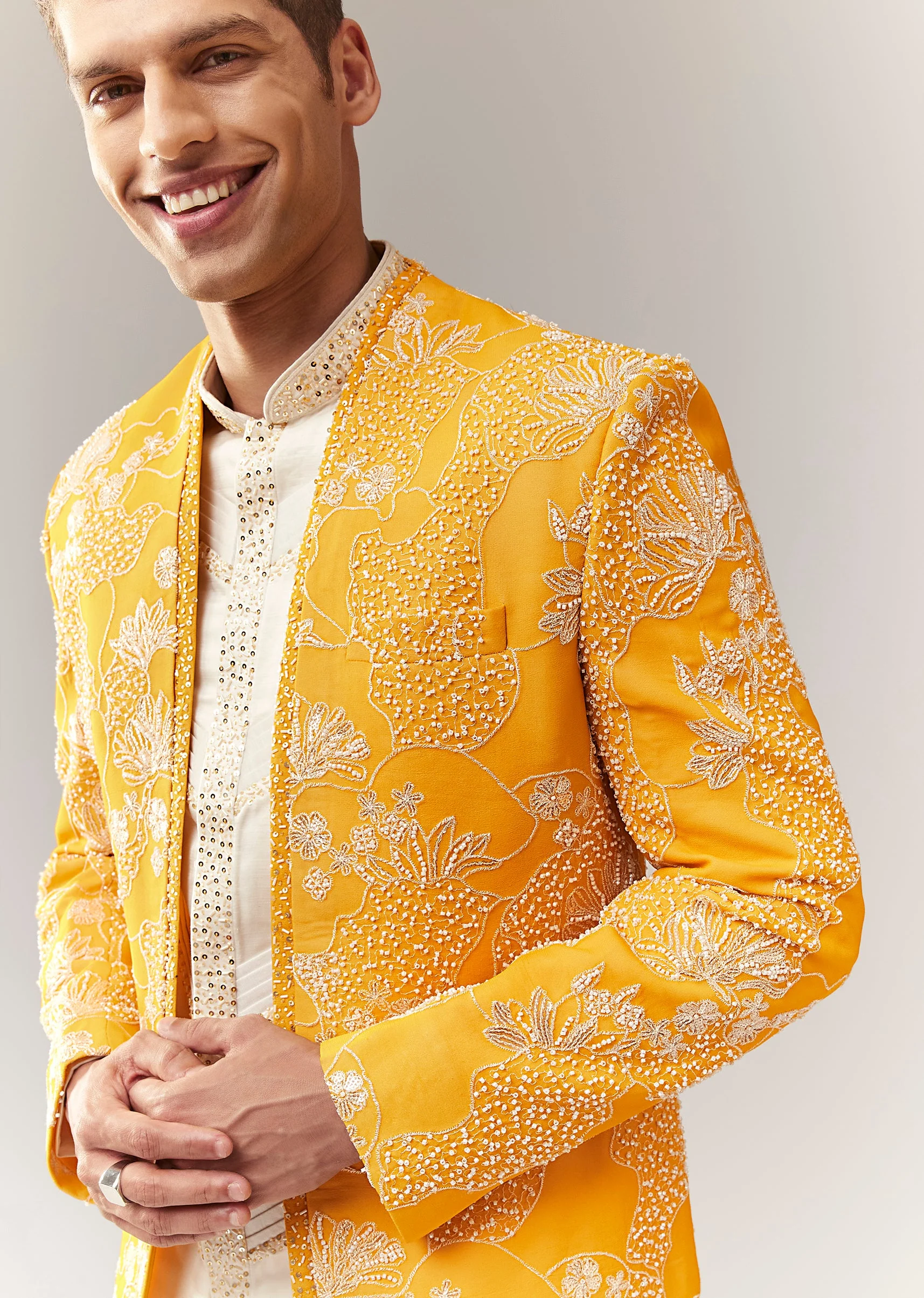 Yellow Silk Indo Western Set With Cutdana Sequins And Resham Work - Image 2