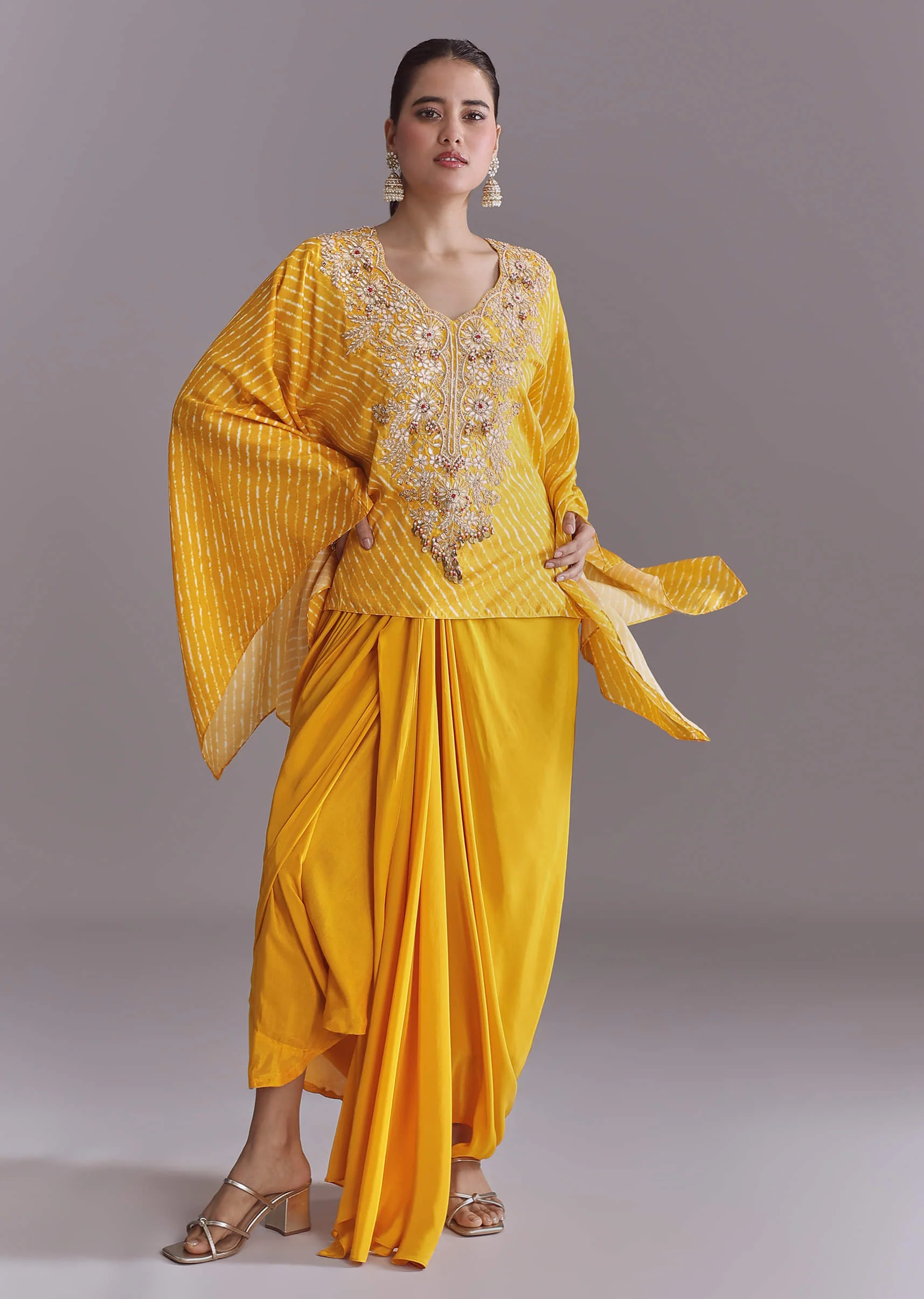 Yellow Silk Kaftan Top And Drape Skirt Set With Leheriya Print - Image 3