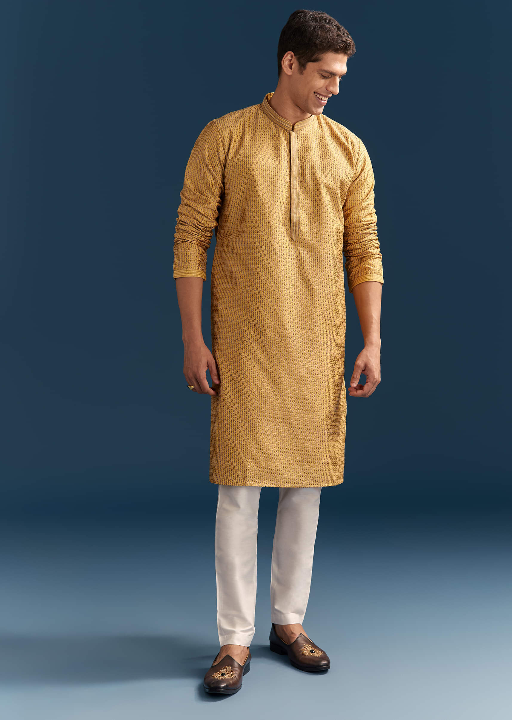 Yellow Silk Kurta Set For Men - Image 2