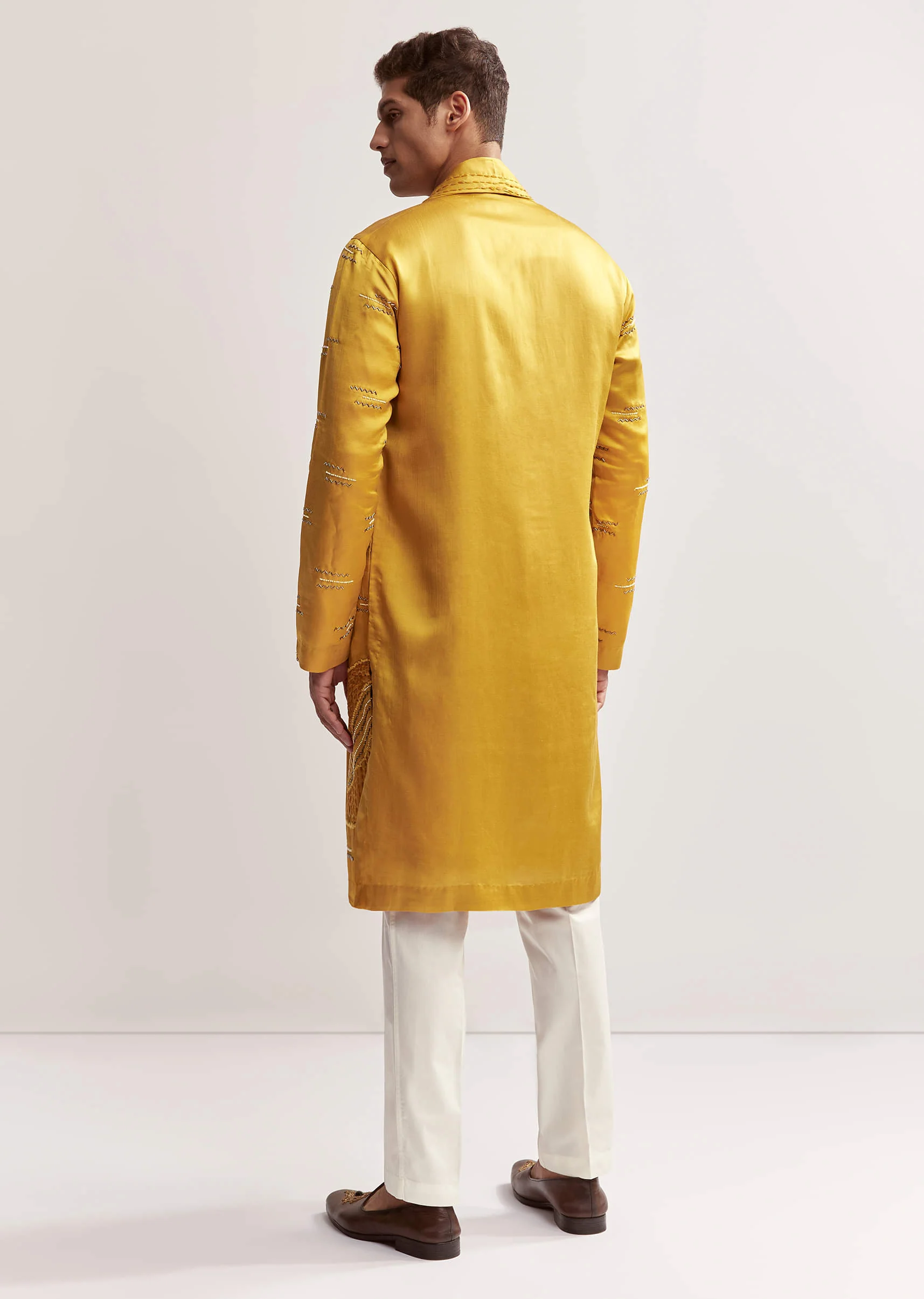 Yellow Silk Kurta Set For Men With Cutdana And Bead Work - Image 5