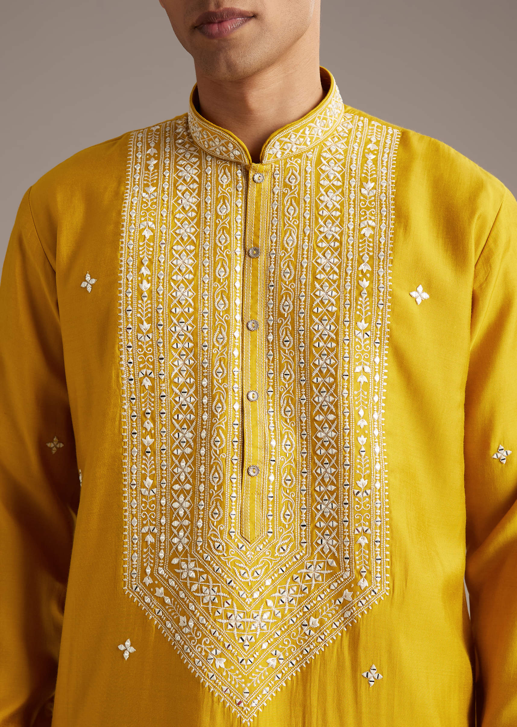Yellow Silk Kurta Set For Men With Mirror And Thread Work - Image 3
