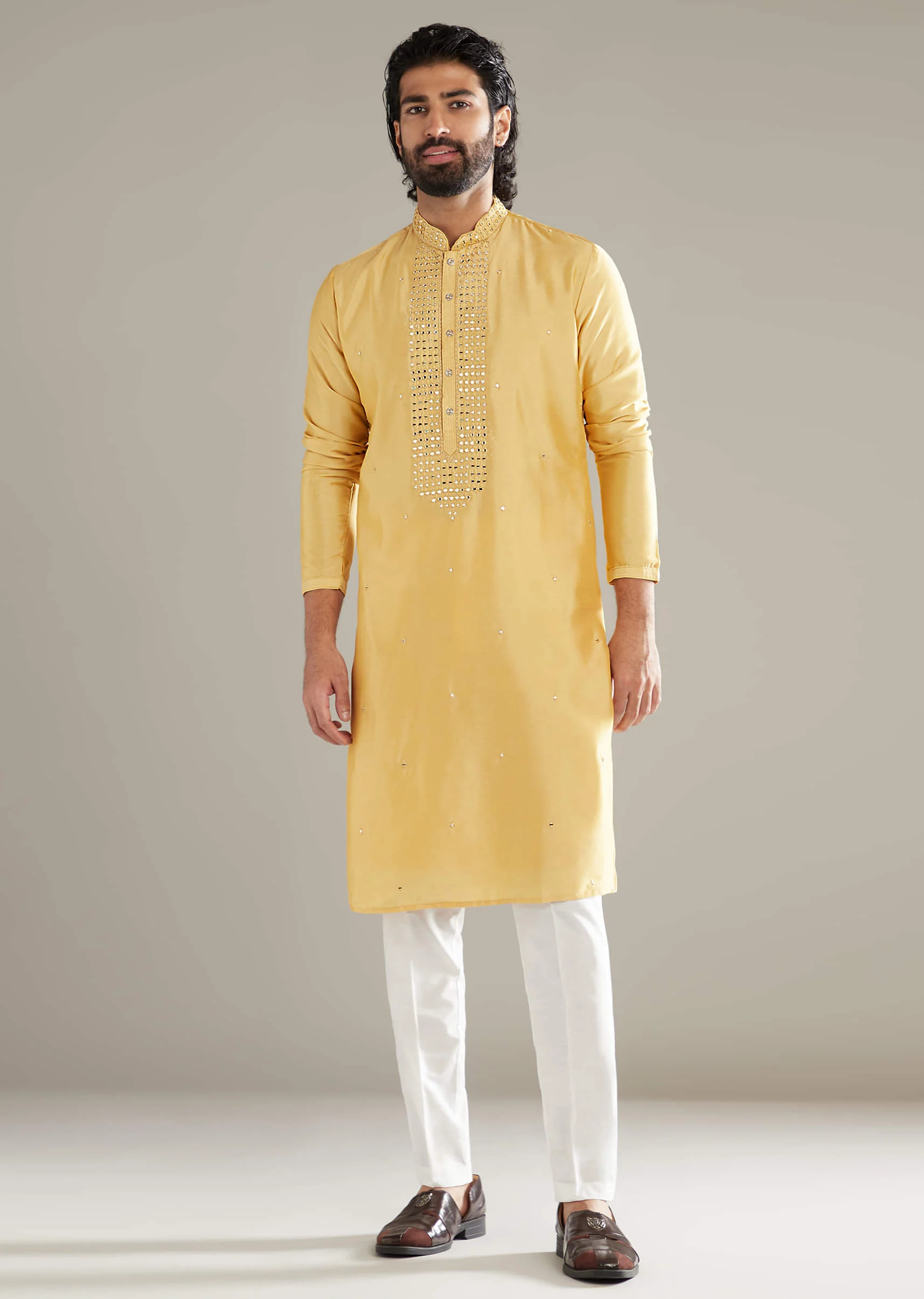Yellow Silk Kurta Set For Men With Mirror Work - Image 2