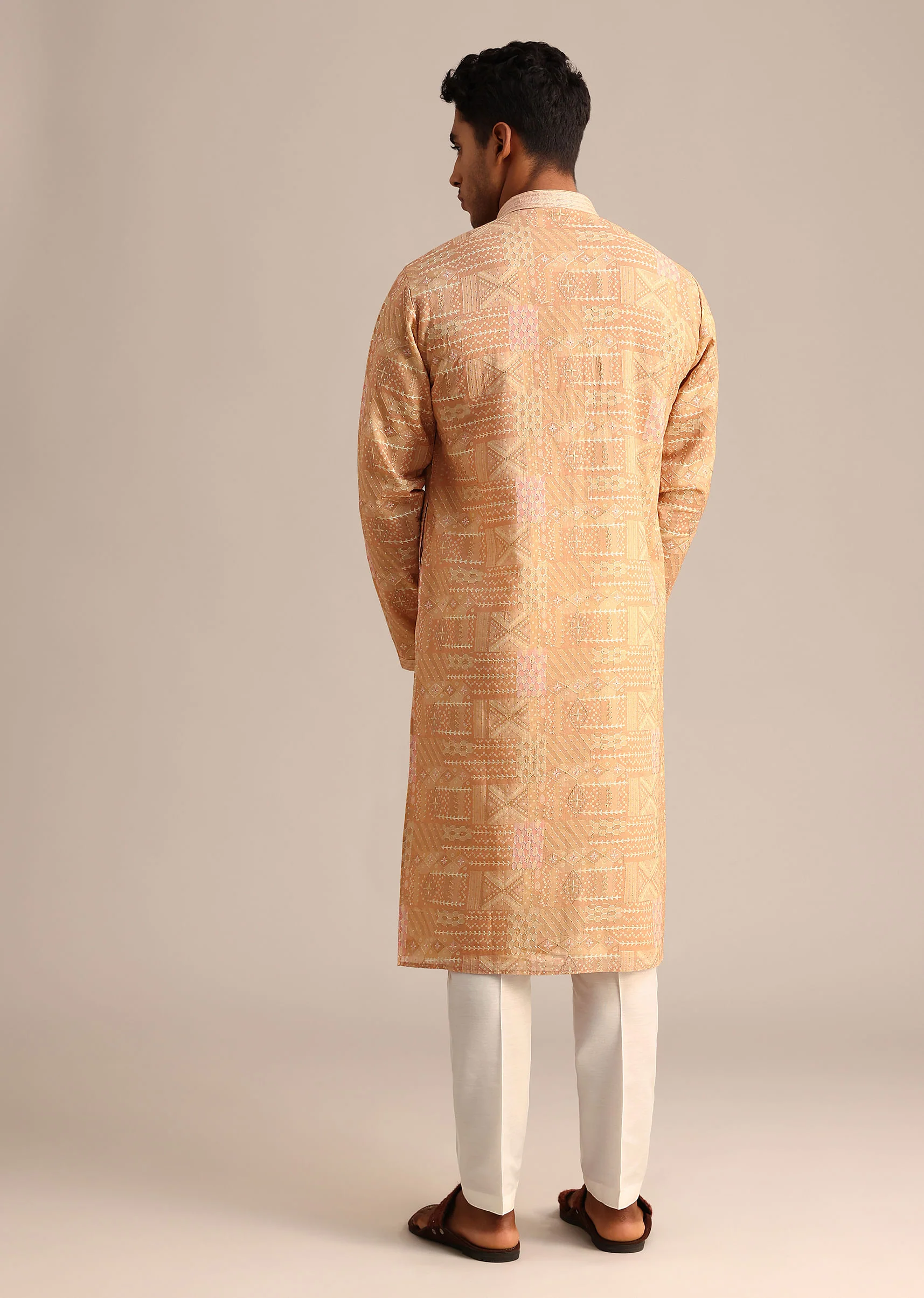 Yellow Silk Kurta Set With Printed Work - Image 5