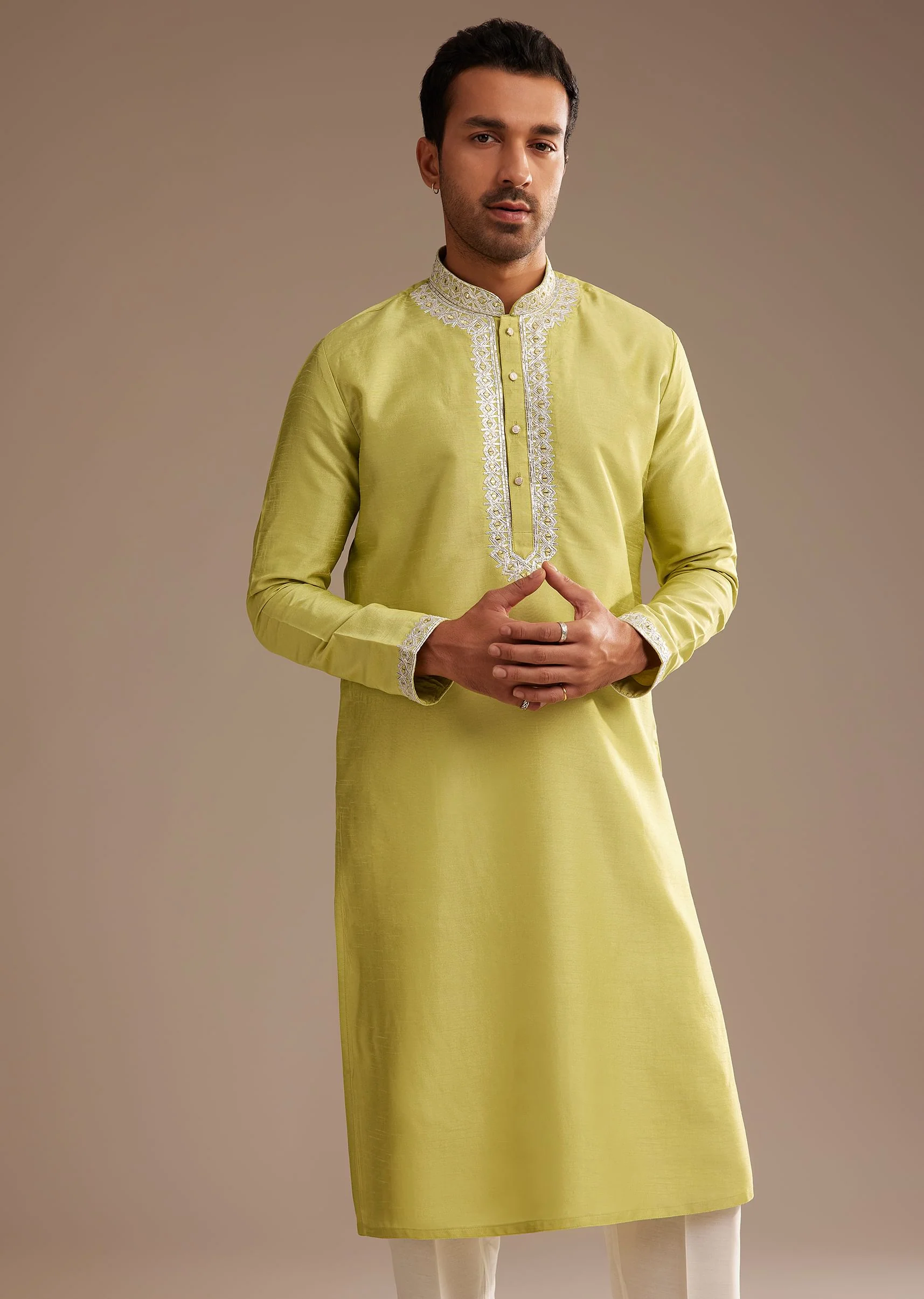Yellow Silk Kurta Set With Yoke Embroidery - Image 3