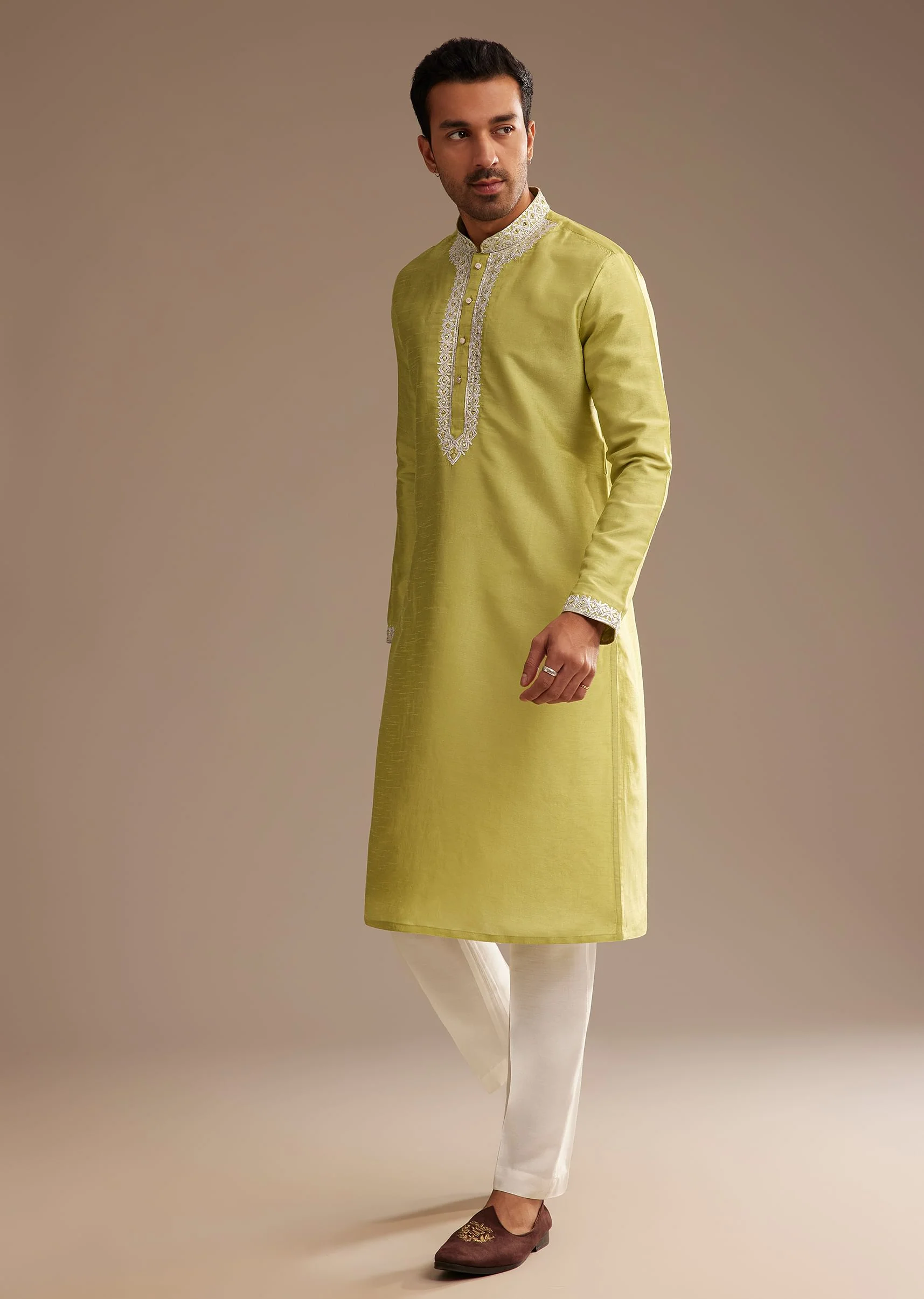 Yellow Silk Kurta Set With Yoke Embroidery - Image 4