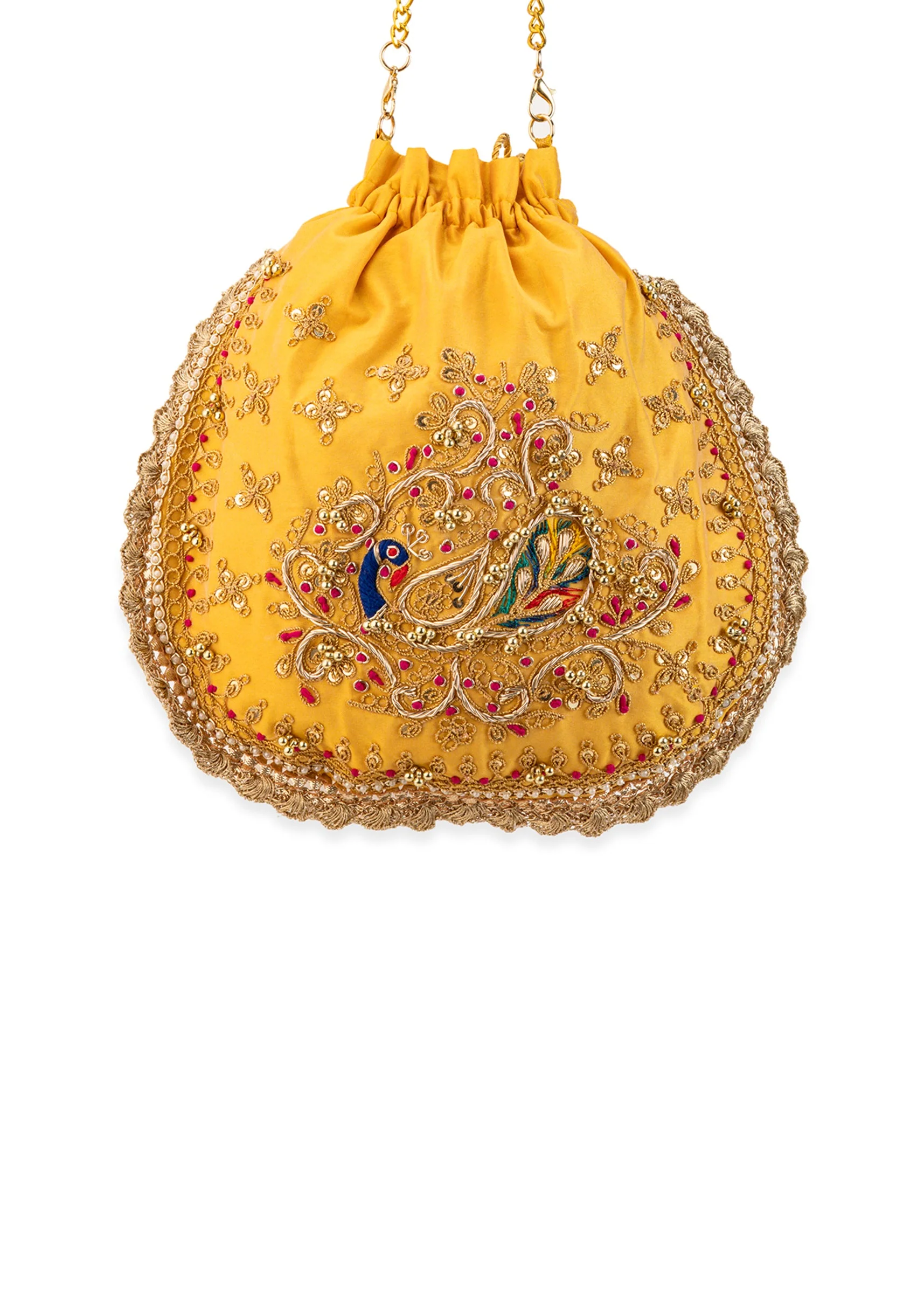 Yellow Silk Peacock Motif Embroidered Potli Bag - Image 4